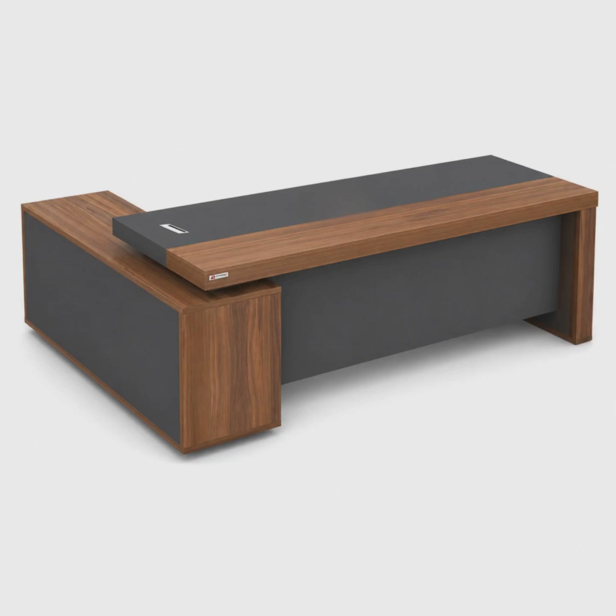 Load video: Director L-Shaped Office Table Luxury Design Double-layer Gable End and Modesty Panel Walnut &amp; Grey Office