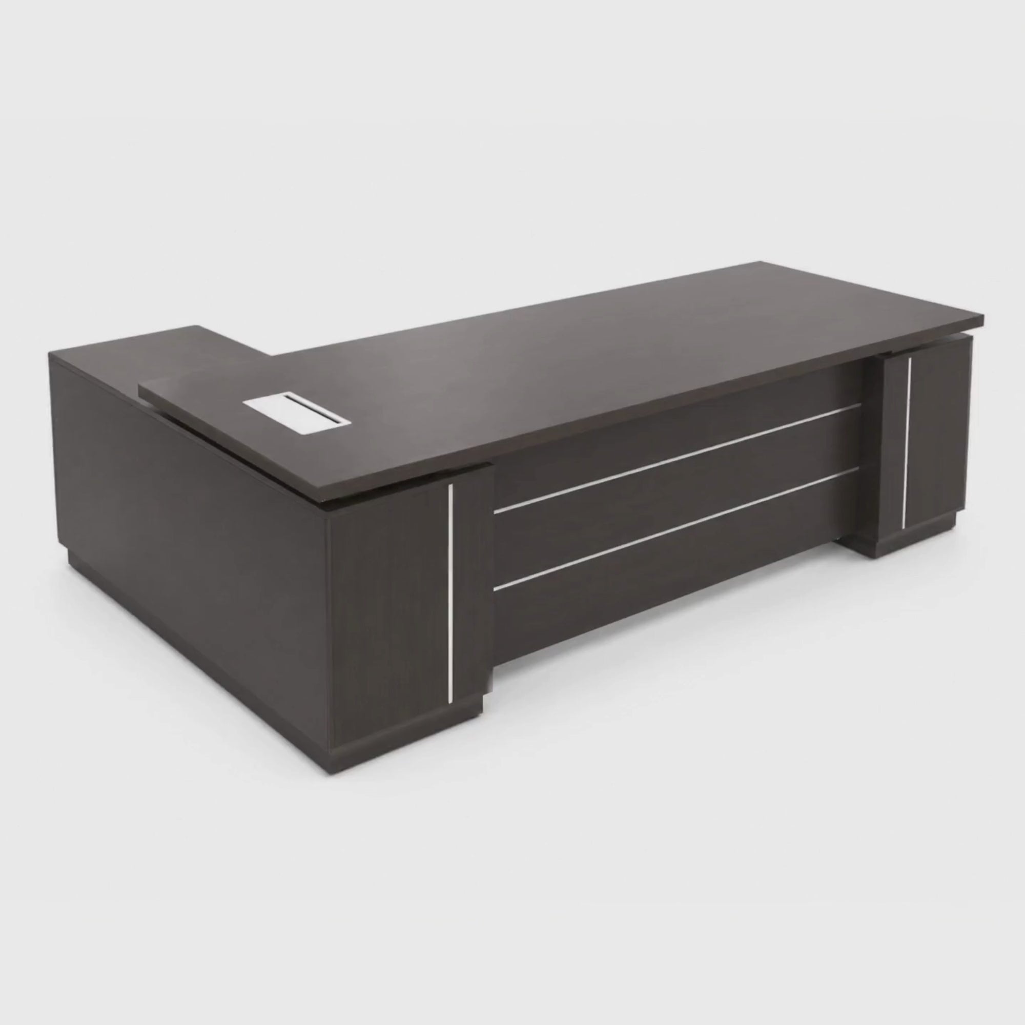 Load video: Director L-Shape Office Table Luxury Desk with Locking Drawer, CPU Storage, Desk Return, and Organized Wiring System - Dark Brown