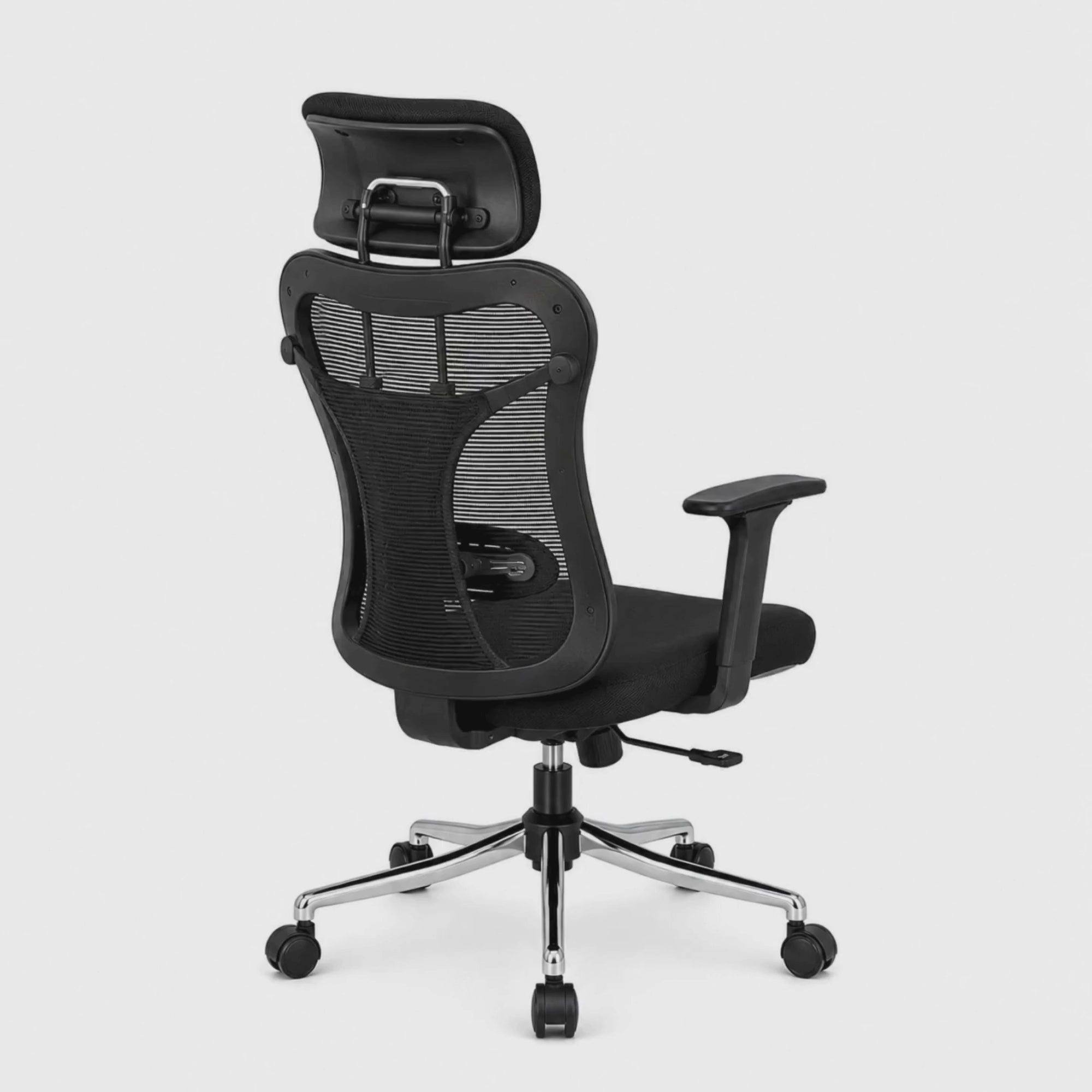 Load video: Executive High Back Ergonomic Fabric Office Chair with Adjustable Headrest, Lumbar Support, Tilt Mechanism and Chrome Base for office and Home use