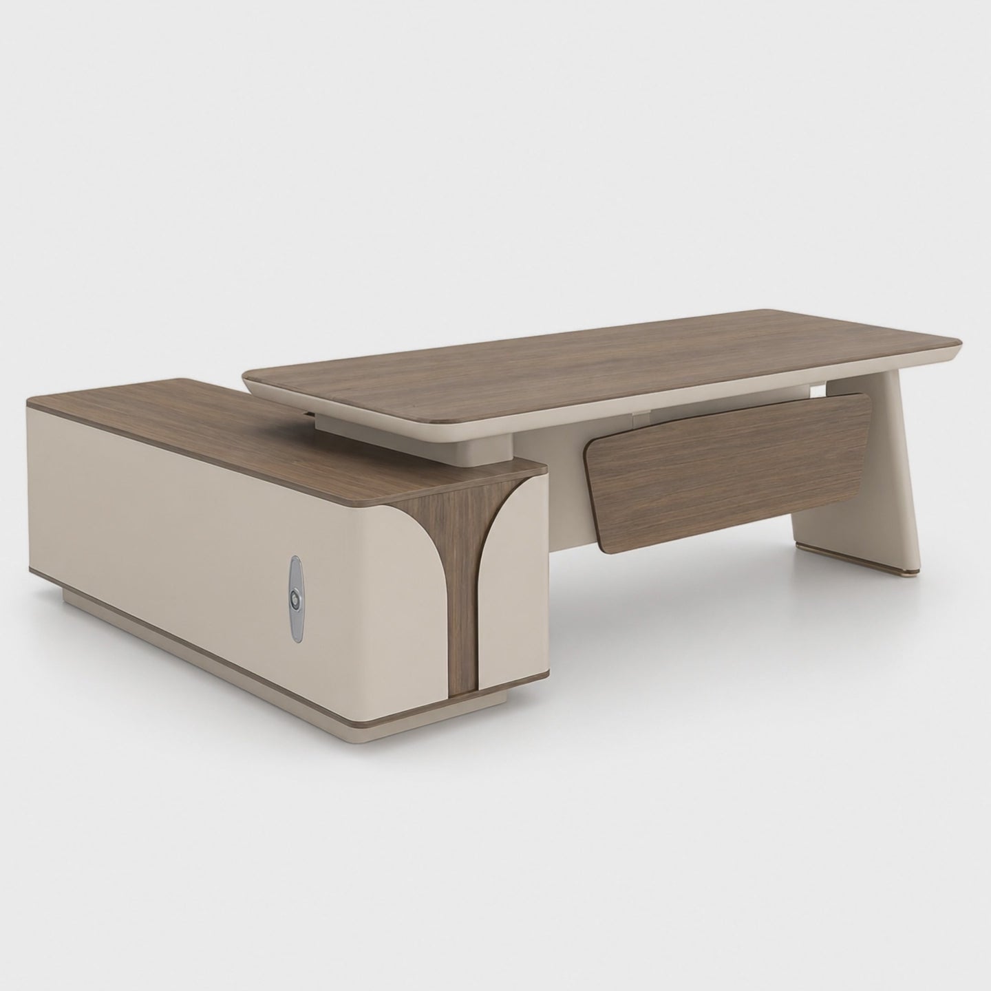 Load video: Luxury Modern Director Table with Curved Sculpted Base - Light Woodgrain Top, Matte Ivory Finish, Integrated Modesty Panel &amp; Premium CEO Office