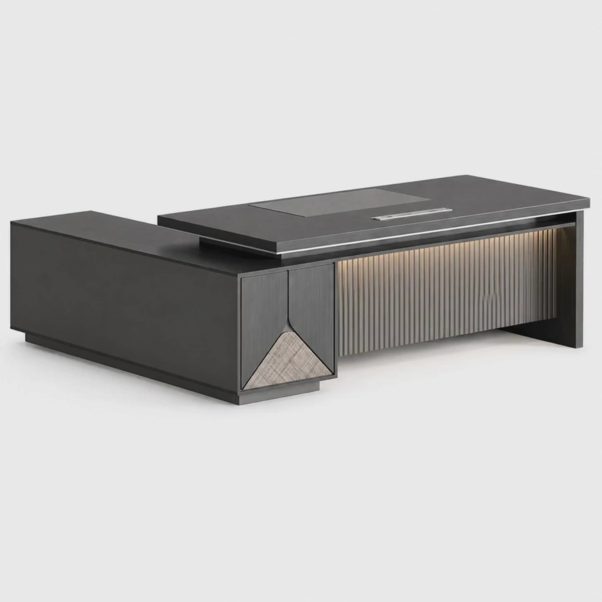 Load video: Modern Director Table with Fluted Front Panel, Integrated LED Accent Lighting &amp; Premium Matte Finish for Executive Office Spaces
