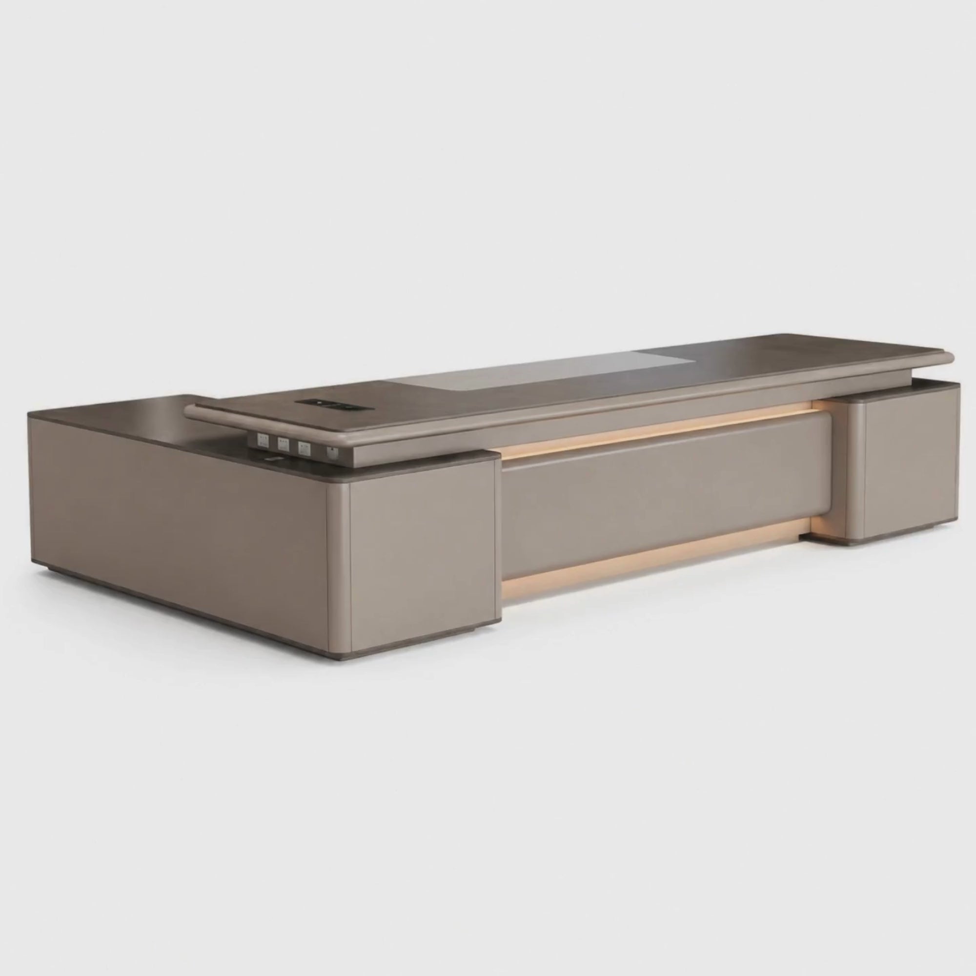 Load video: Luxury Director Table with Soft Rounded Edges, Integrated LED Accent Lighting, Premium Matte Finish &amp; Contemporary Executive Office Design