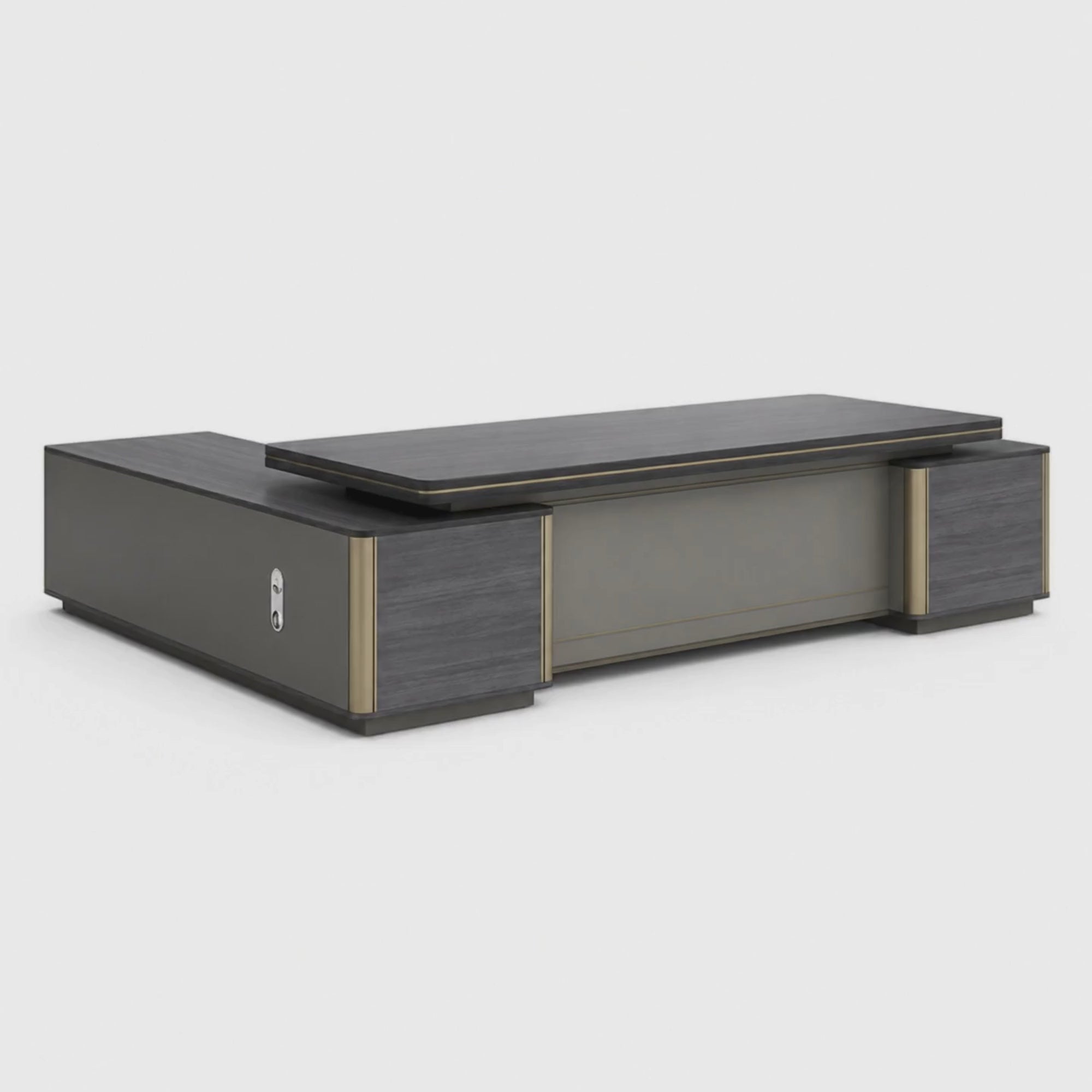 Load video: Premium Modern L-Shaped Director Table with Matte Grey Wood Finish, Built-In Wire Managert &amp; Executive Contemporary Design