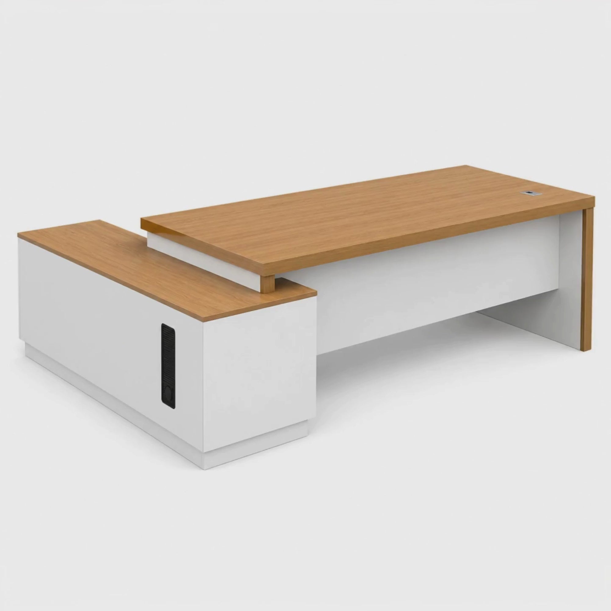 Load video: Director and Executive L Shape Office Table Made Particle Board with Side Unite and Multi Drawers - Brown &amp; White