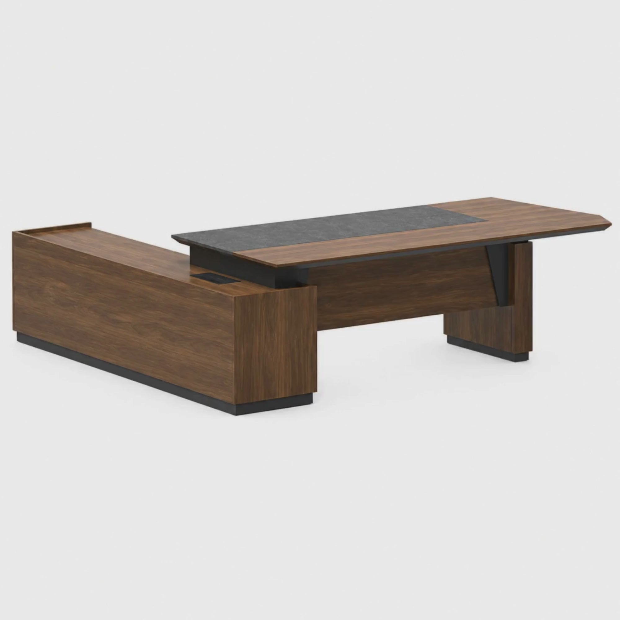 Load video: Director &amp; Executive L-Shape Luxury Office Table with Modern Desk Design, Featuring Drawer and CPU Space - Brown