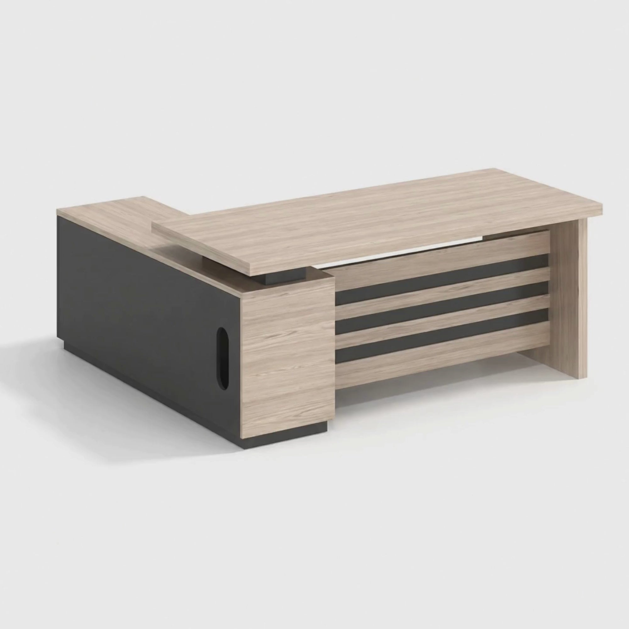 Load video: Director L-Shaped Table Luxury Design Wooden Furniture for CEO &amp; Director Offices with Drawers and Storage - White Teak