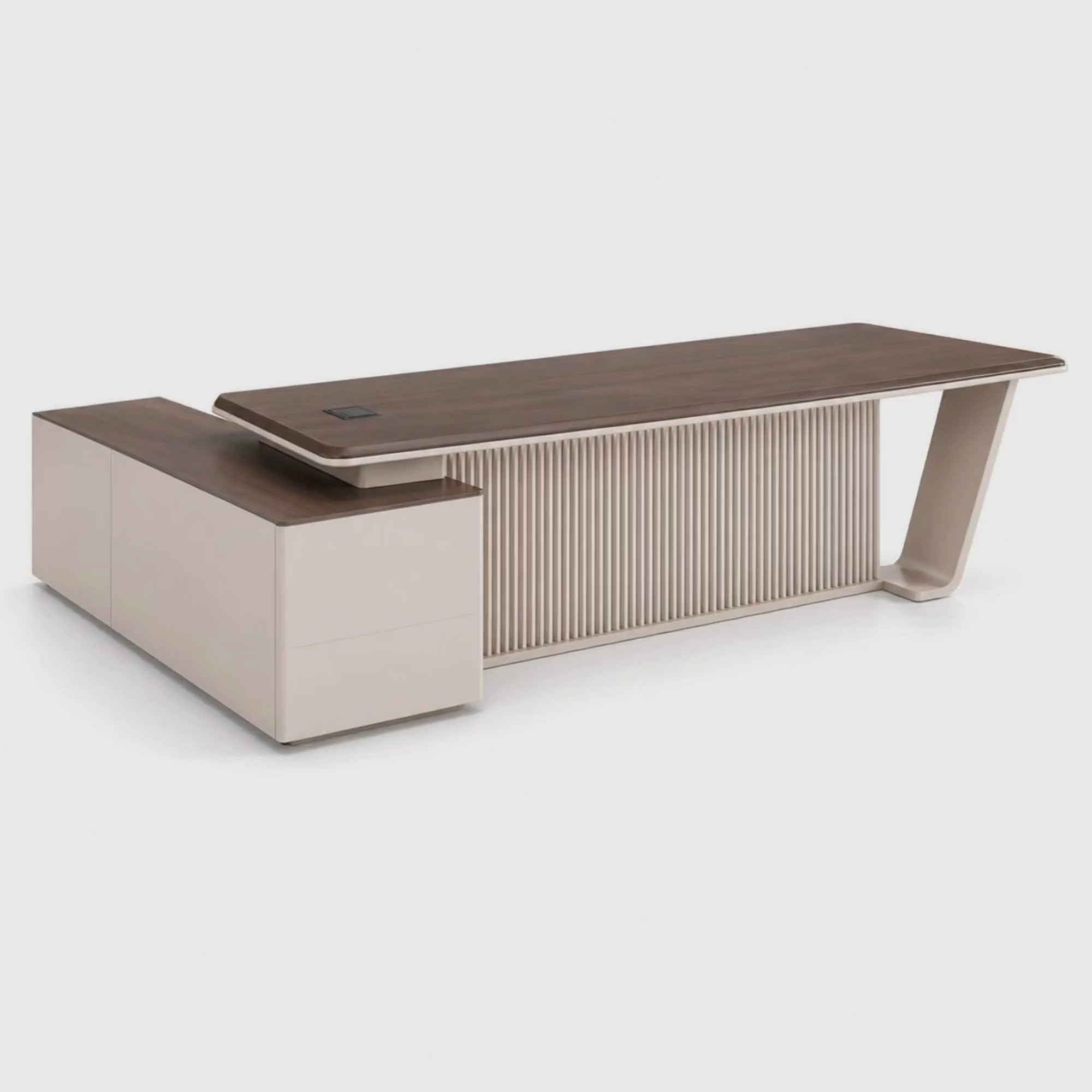 Load video: Luxury Modern Executive Director Table with Fluted Front Panel, Dark Wood Top, Side Storage Unit &amp; Premium Designer Work Surface