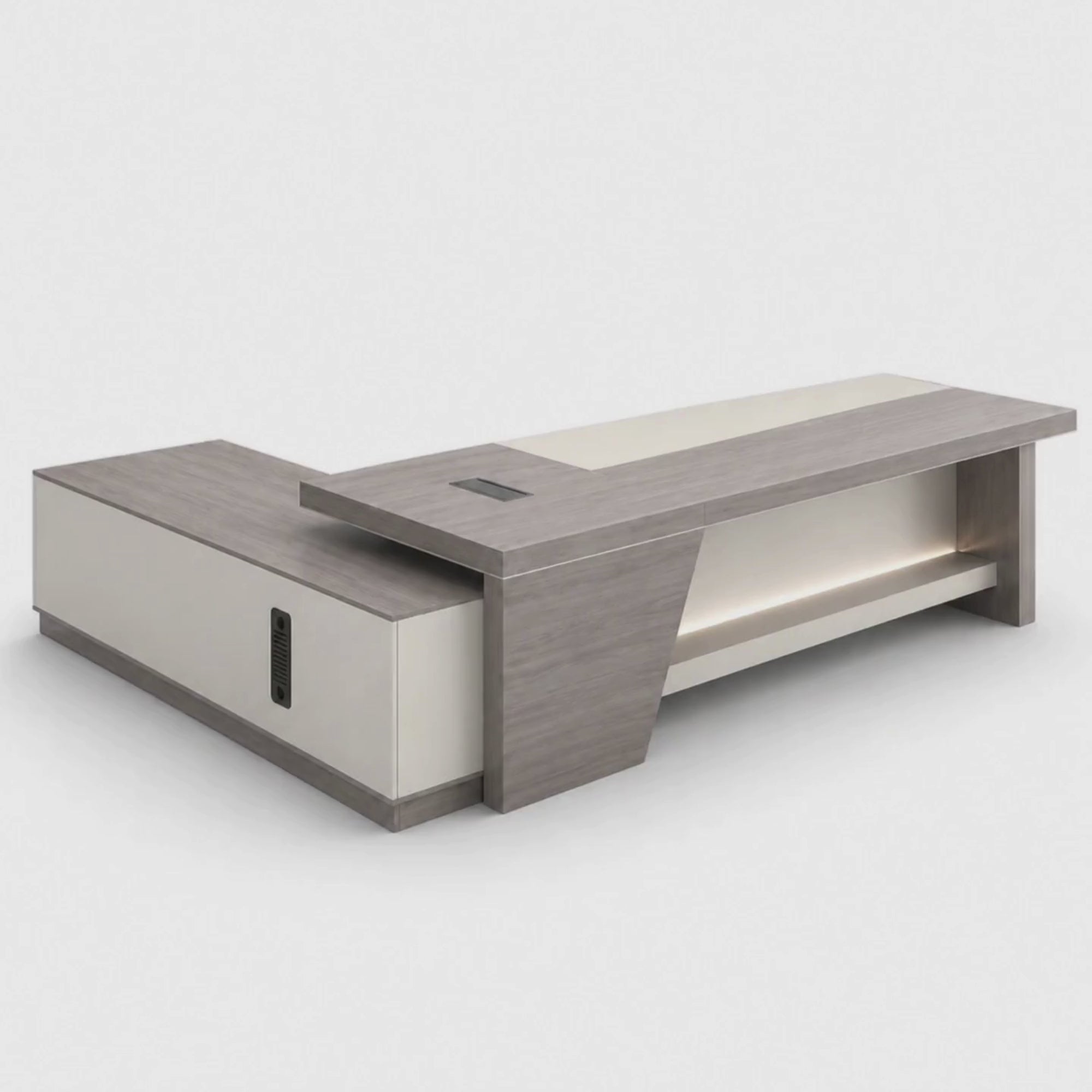 Load video: Director L-Shape Office Table Luxury Desk Made in Particle | MDF | Plywood with Locking Drawer, Reversible Orientation, Wire Manager, and CPU Storage - Grey