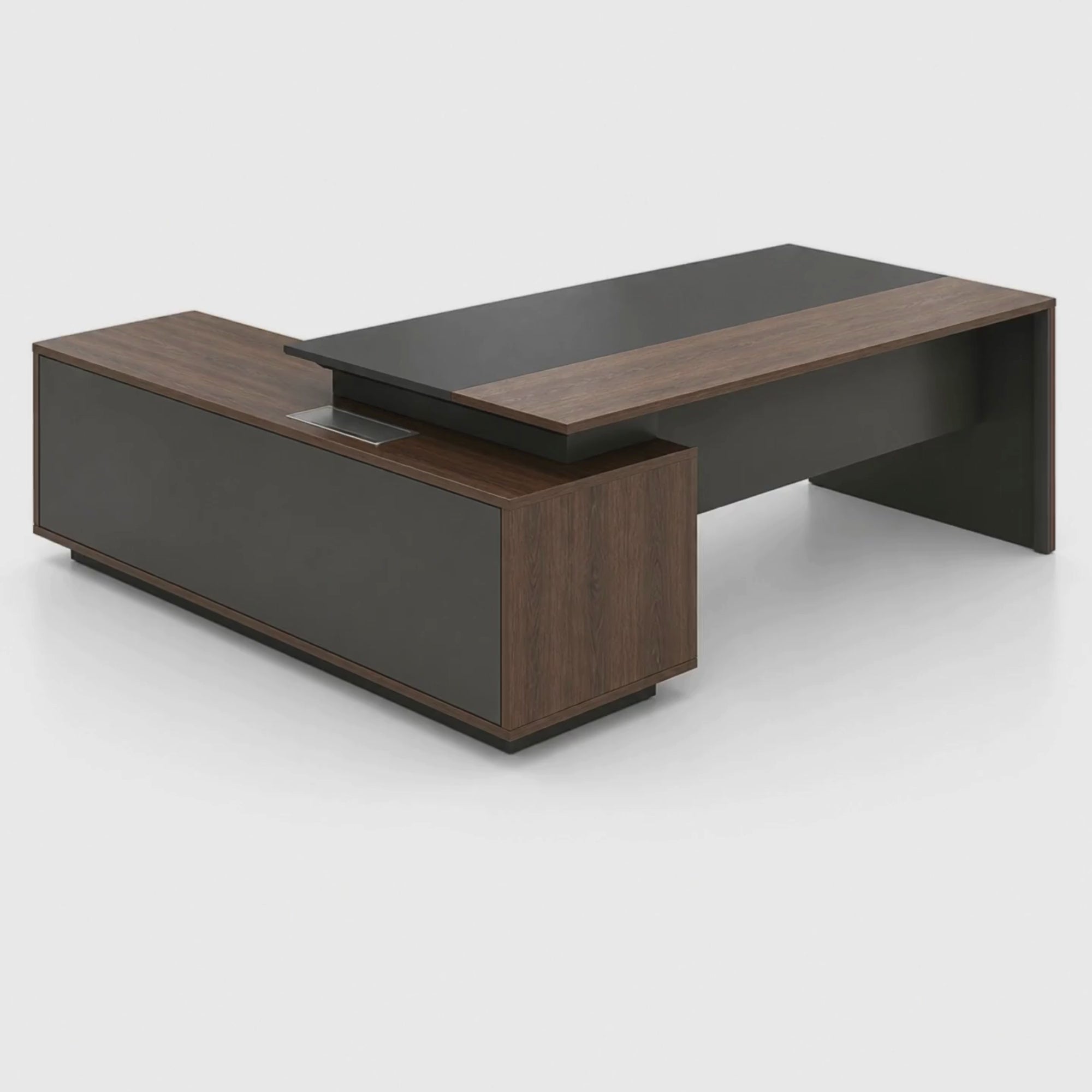 Load video: L Shape Director Table Luxury Modern Office Desk with MDF &amp; Walnut Laminate with Side Unit Storage &amp; Inbuilt Power Box, Office Table
