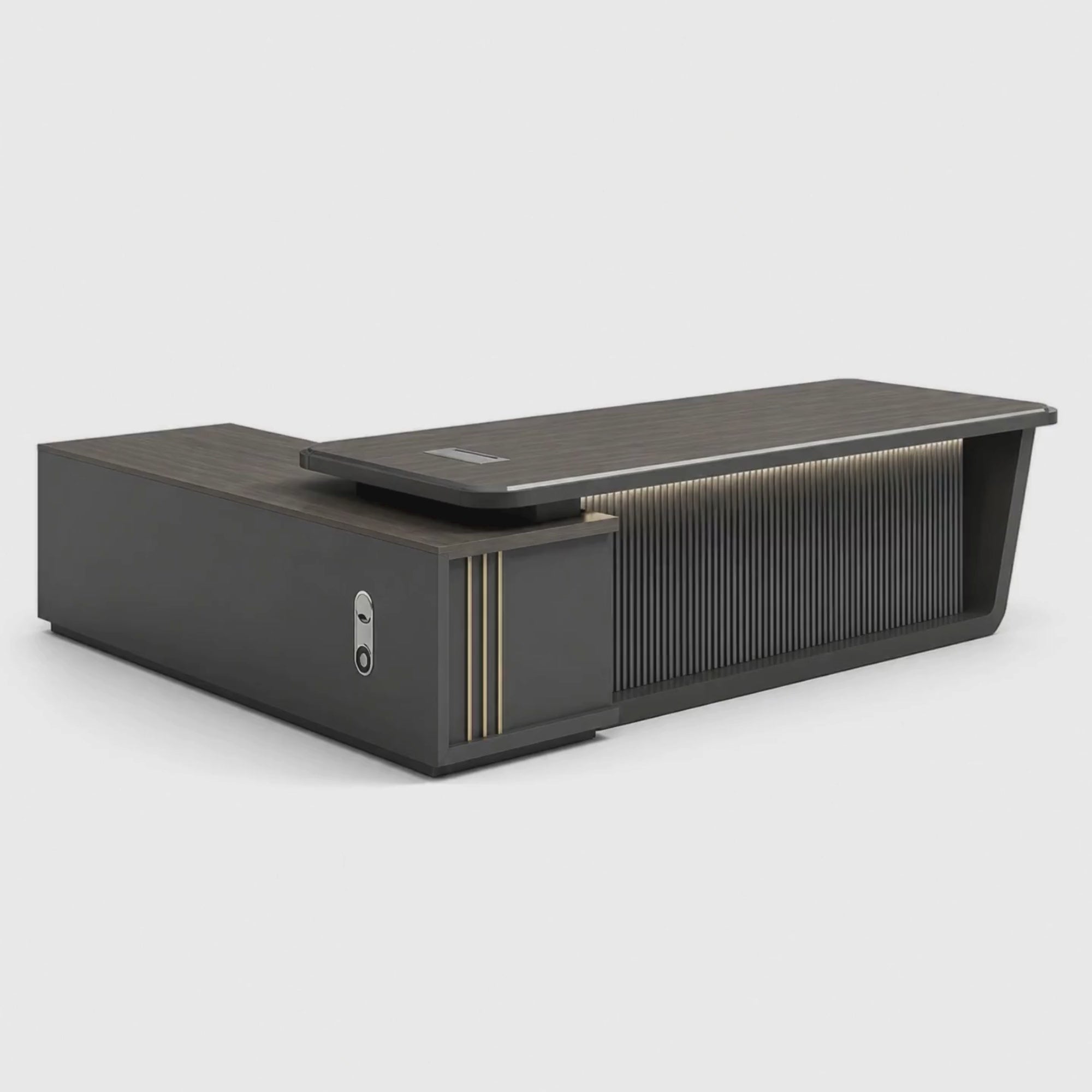 Load video: Director &amp; Executive L-Shape Office Table Luxury Desk Made in MDF with Side Unit Drawer and Storage Wire Manager &amp; CPU Storage