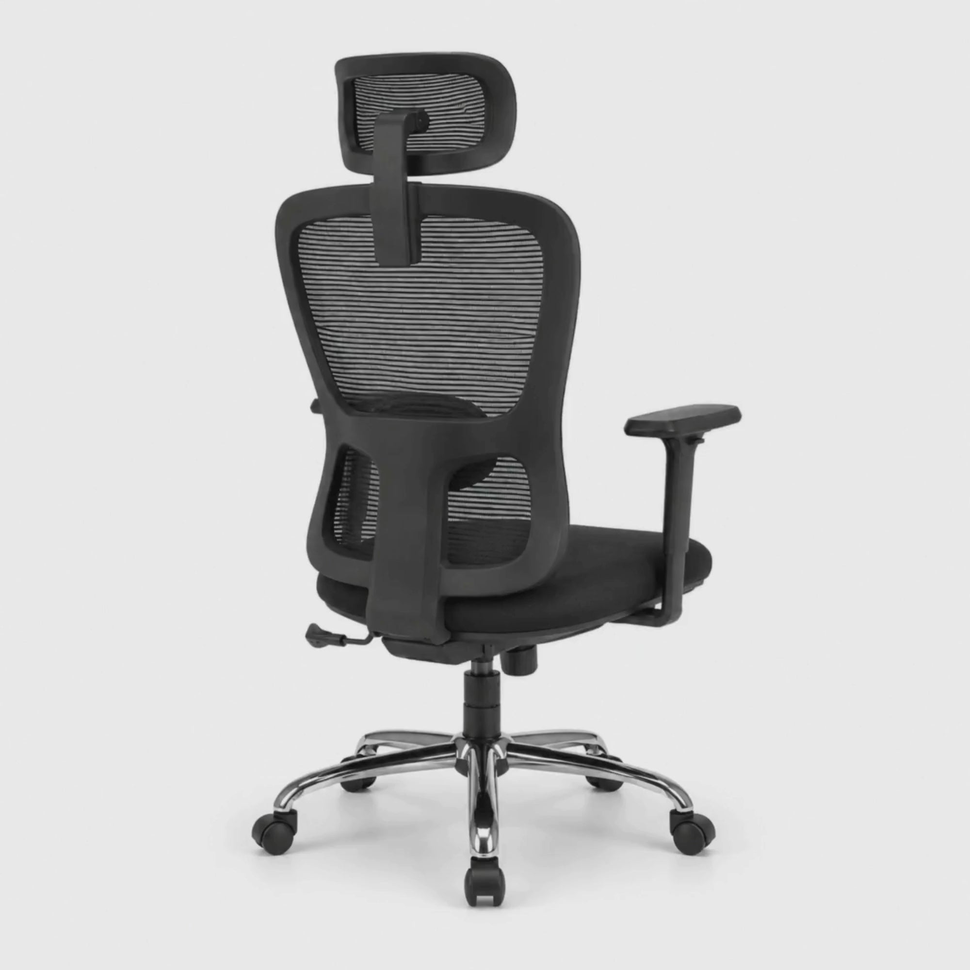Load video: Executive High Back Chair with Breathable Mesh Back, Fabric Cushioned Seat, Adjustable Headrest, Lumbar Support, Swivel &amp; Height Adjustable Office Chair