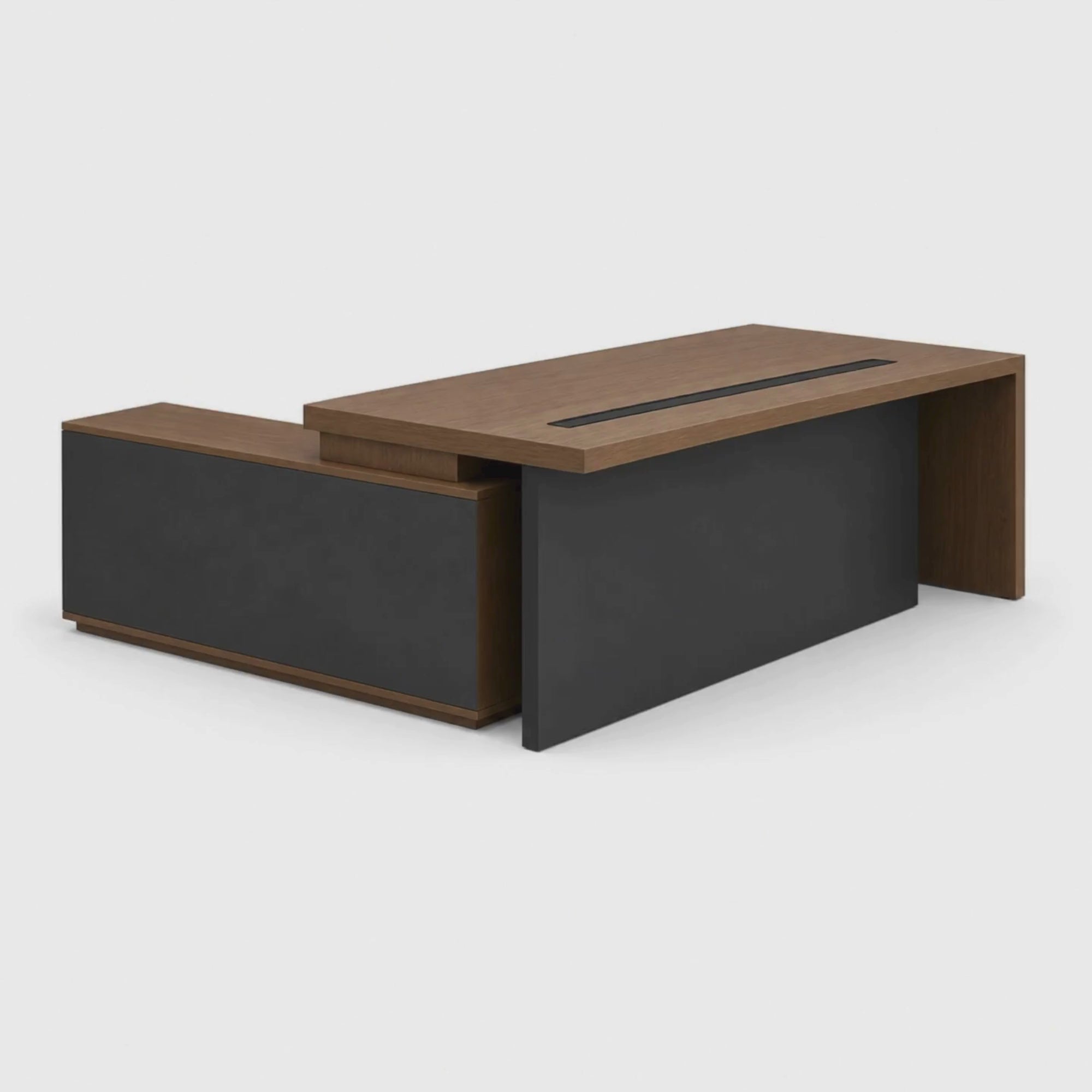 Load video: Director L-Shape Table Luxury Modern Office Desk Made in Plywood with Side unit drawers and Openable Storage &amp; Pedestal - Walnut