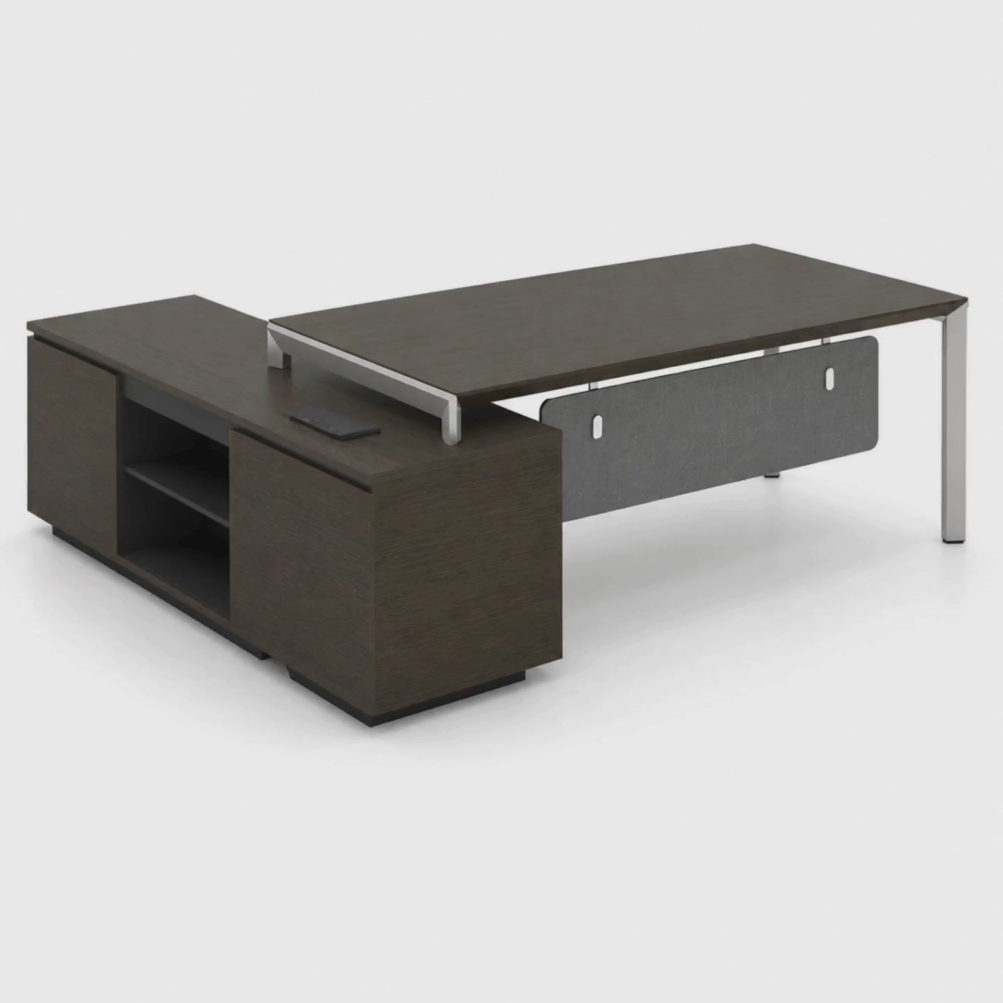 Load video: Director L-Shape Table Luxury Modern Office Desk with Made in MDF and Drawers &amp; Storage Wire Management Dark Oak &amp; Carbon Gray