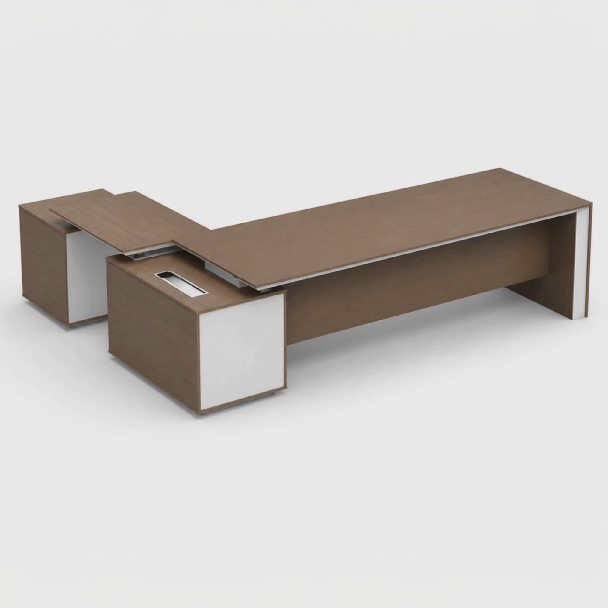 Load video: Director L-Shape Office Table Luxury Design Made in Plywood with Premium Hardware Modesty Panel Multi-Functional Wire Box - Walnut Veneer