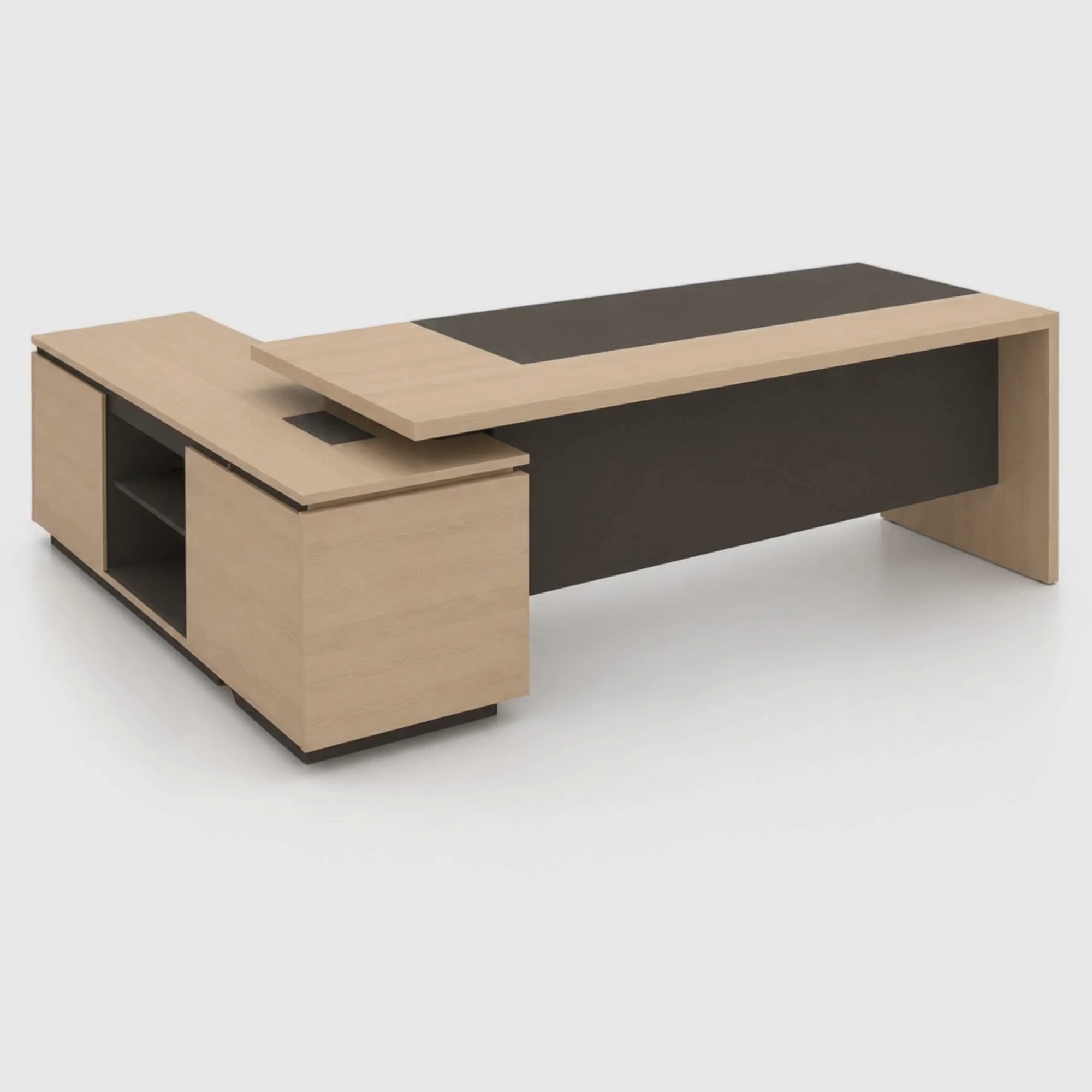 Load video: Director L-Shape Table Luxury Modern Office Desk with Made in MDF and Drawers, Shelves, and CPU Storage Space &amp; Charcoal Black