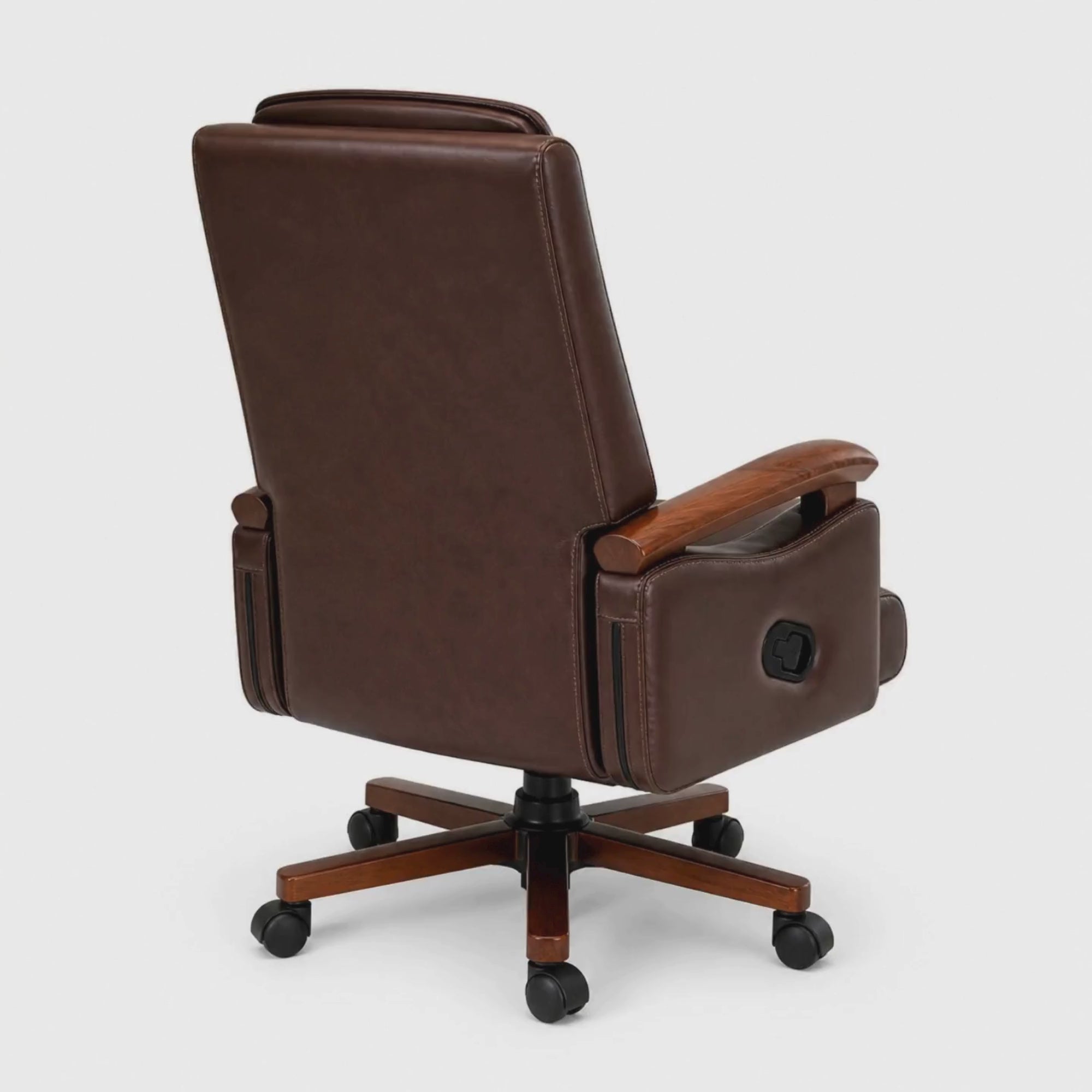Load video: Luxury Wooden Director Chair with Premium Leather Upholstery, Ergonomic Design, Solid Wood Frame, Executive Comfort 150° Reclining Seat