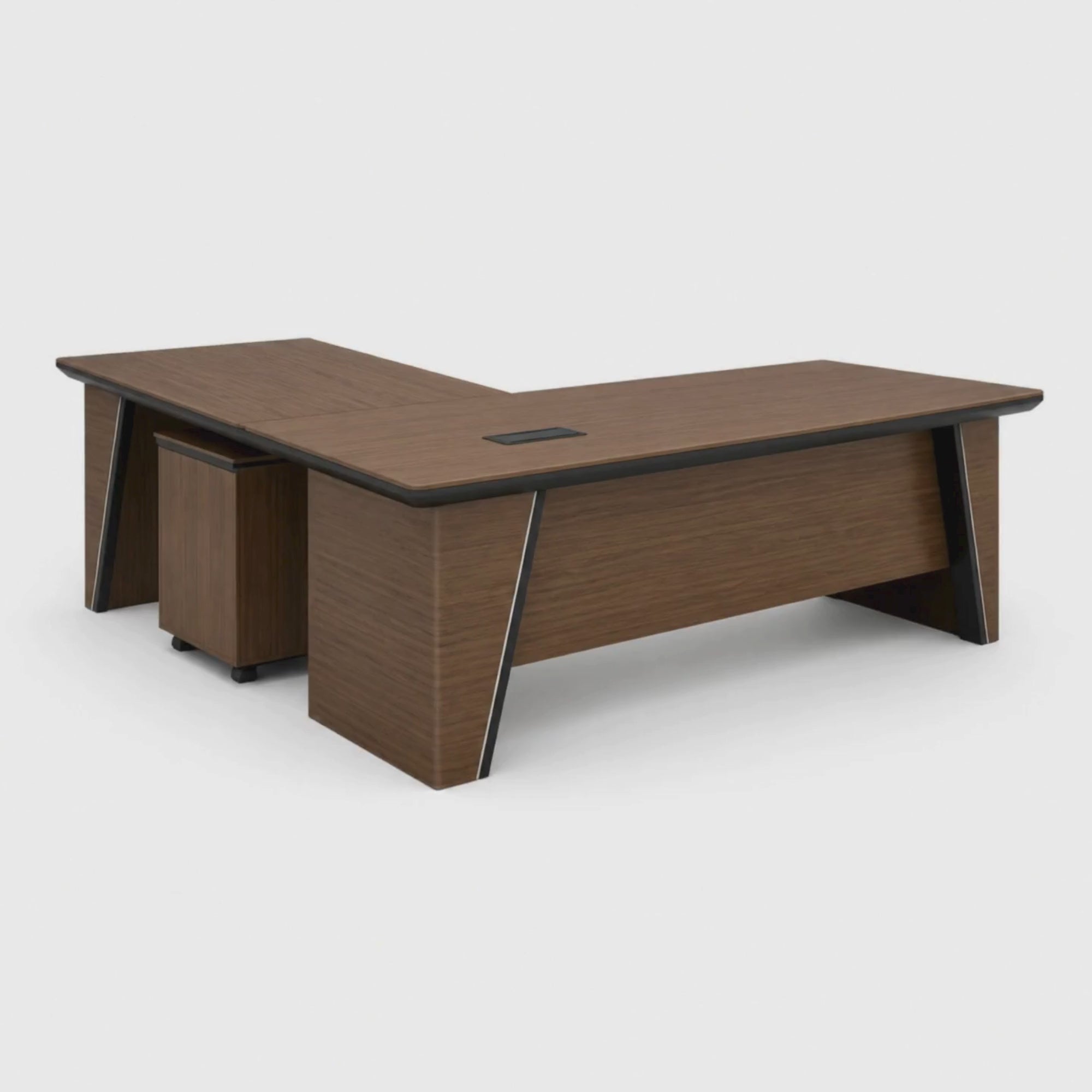 Load video: Director L-Shape Office Table Luxury Design Made in MDF with Wire manager, Side Unit and Drawers, storage - Wenge Brown