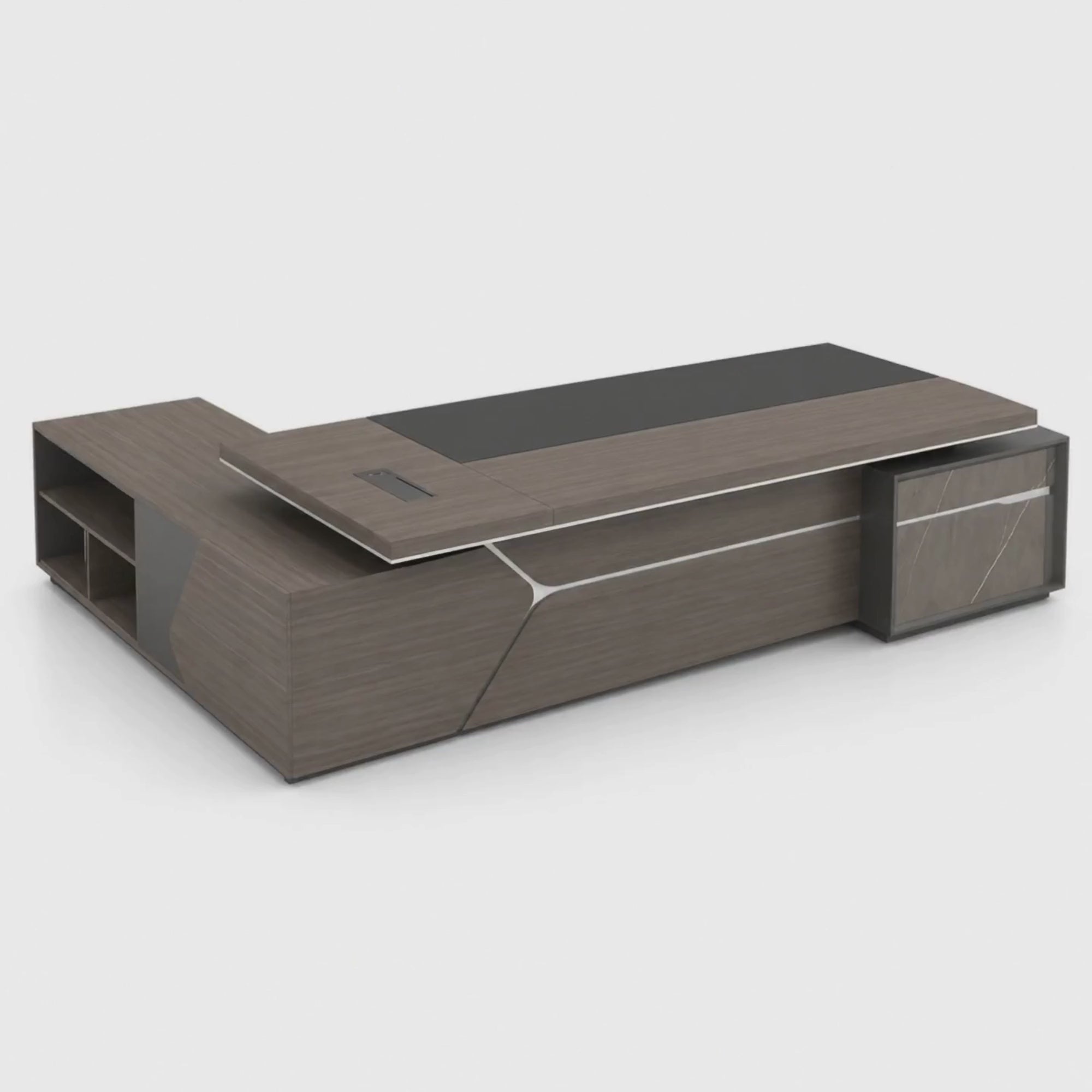 Load video: Luxury Modern Executive Director Table with Side Storage, Cable Management, Premium Wood Finish – Corporate Office Desk