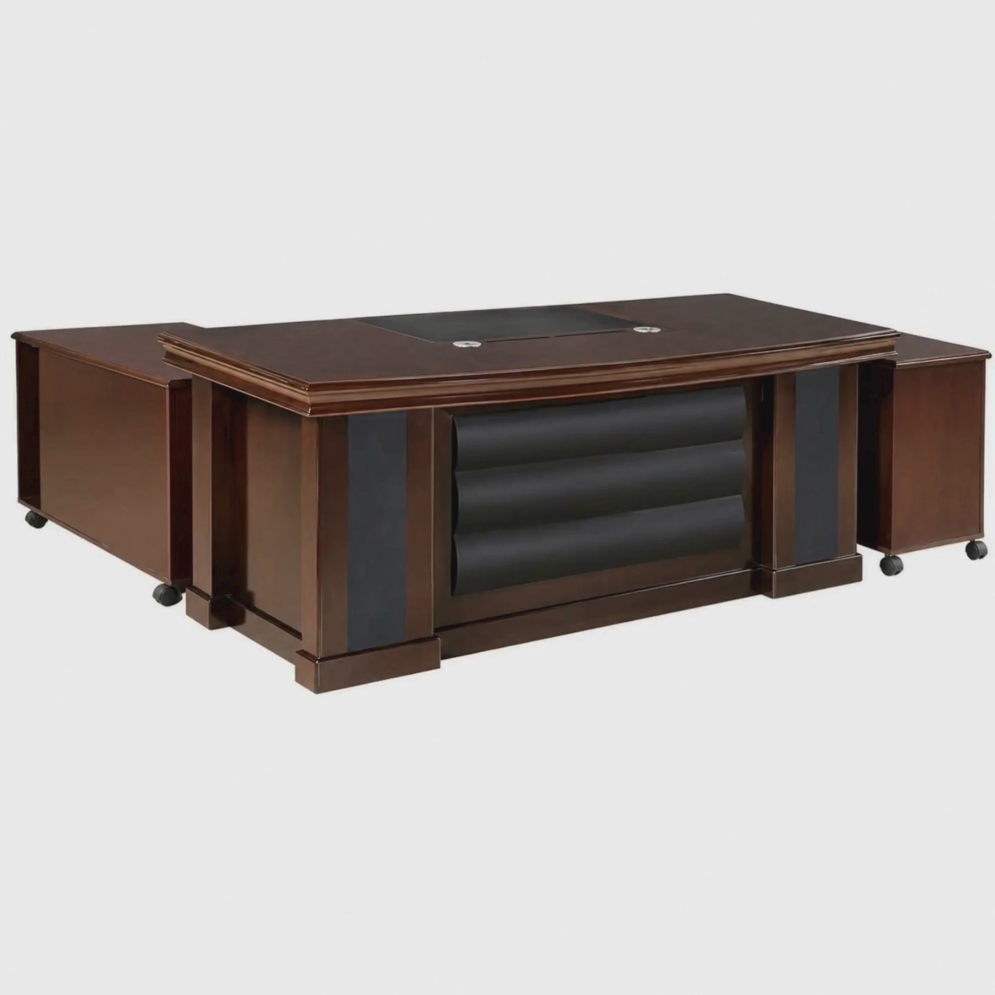Load video: Director &amp; Executive L-Shape Office Table Modern Desk Made in Plywood with Veneer Side Unit Storage &amp; Drawer Pedestal, Wire Manager &amp; CPU Storage