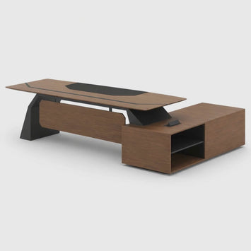Director & CEO Table for Office with Two Shelves & Lockable Storage, Leatherette Pad & Wire Manager - Office Table