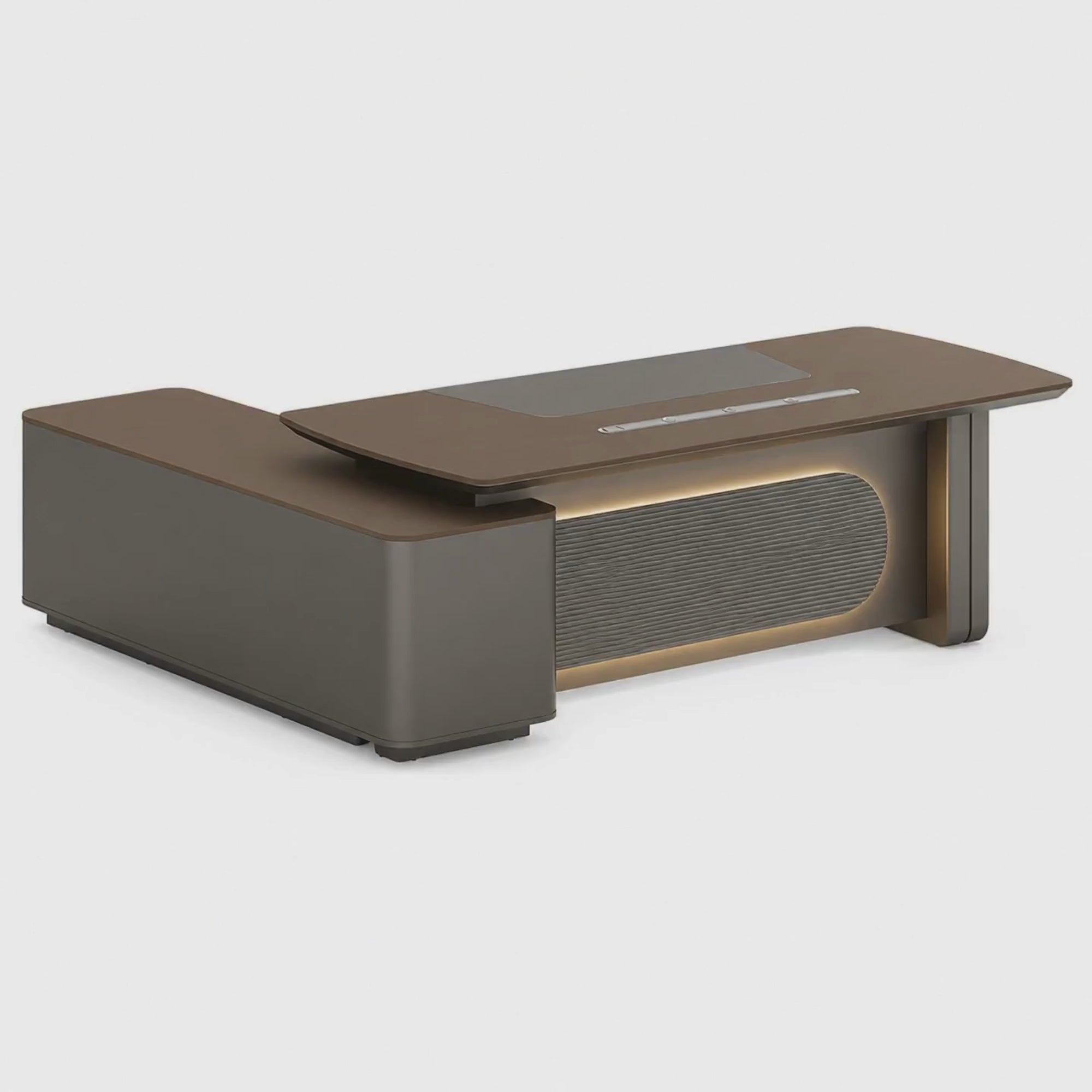 Load video: Luxury Handcrafted L-Shape Director Table with Wooden Finish, Storage Unit &amp; Premium Executive Design