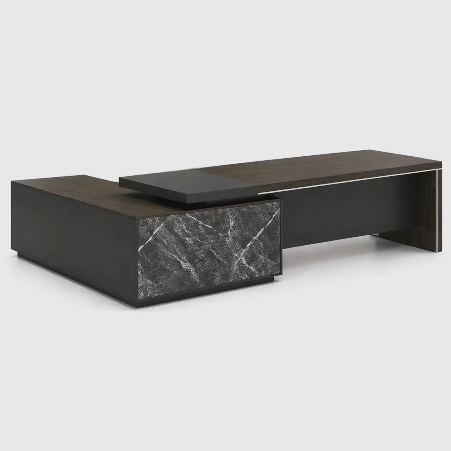 Load video: Luxury Executive Director Table with Marble Finish Panels with Premium CEO Office Desk in Dark Wood and Modern L-Shape Corporate Furniture