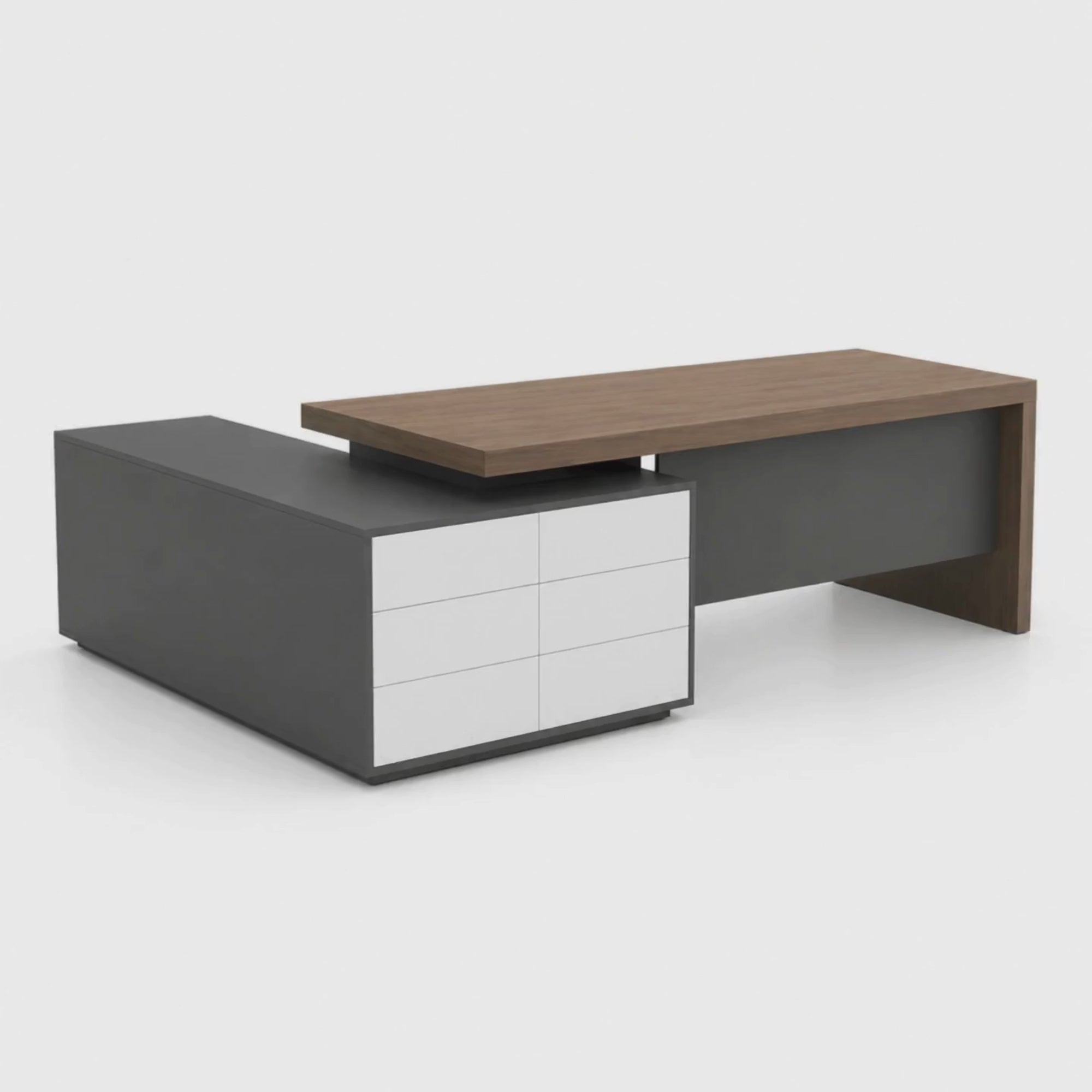 Load video: Luxury Modern Executive Director Table with Side Storage, Wooden Top &amp; Matte Grey Finish – Premium Office Furniture