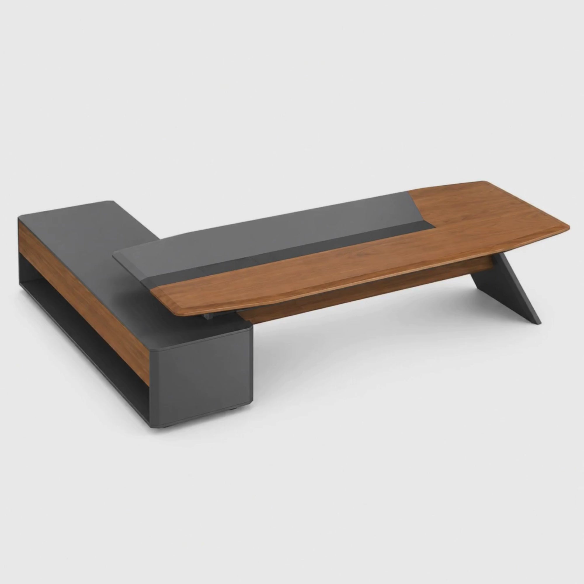 Load video: Luxury L Shape Director Table for Office with Side Storage, Premium Wood &amp; Grey Finish, Large Workspace