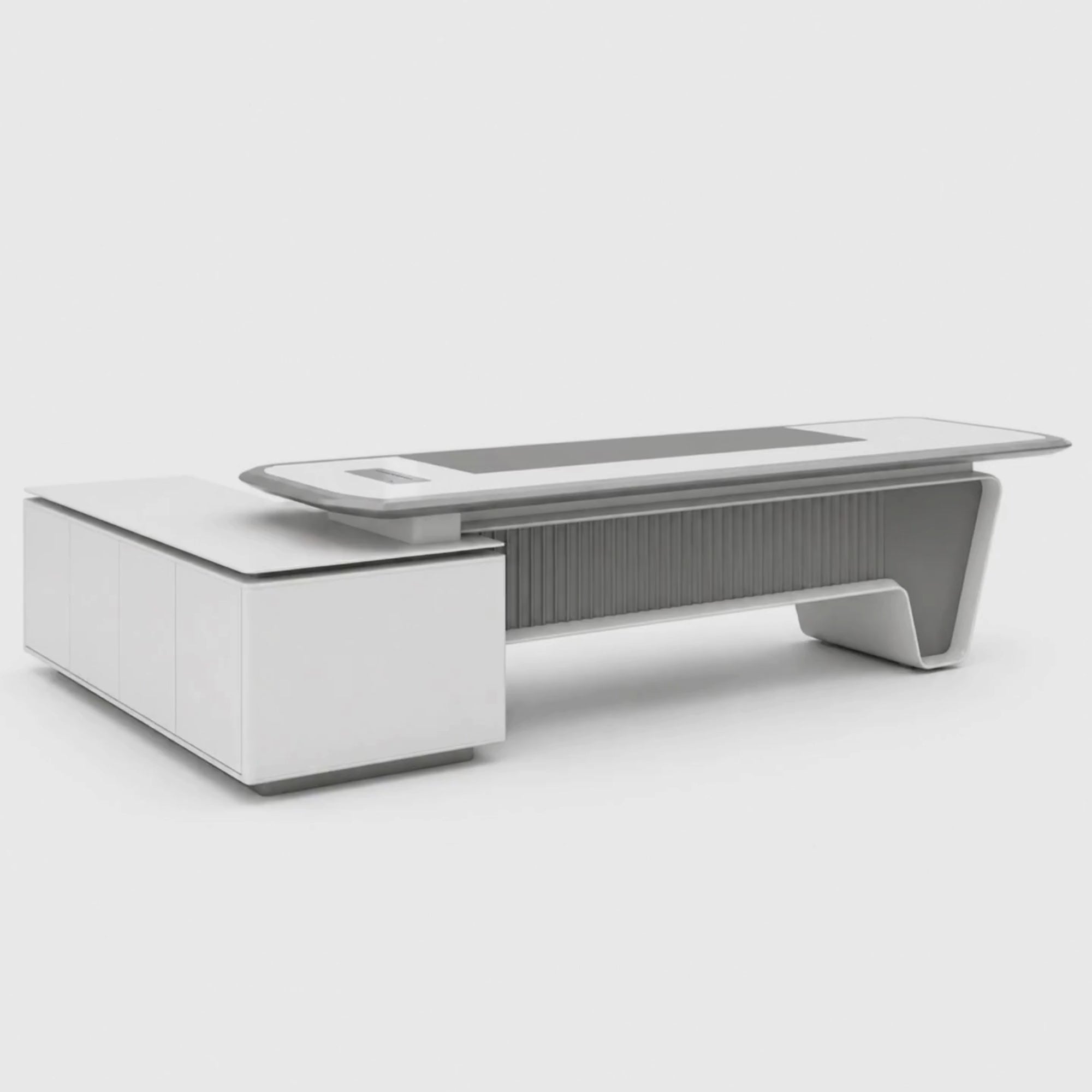 Load video: Director L-Shape Office Table Luxury Desk Made in Plywood with Veneer Reversible Orientation, Wire Manager, and CPU Storage - White Grey