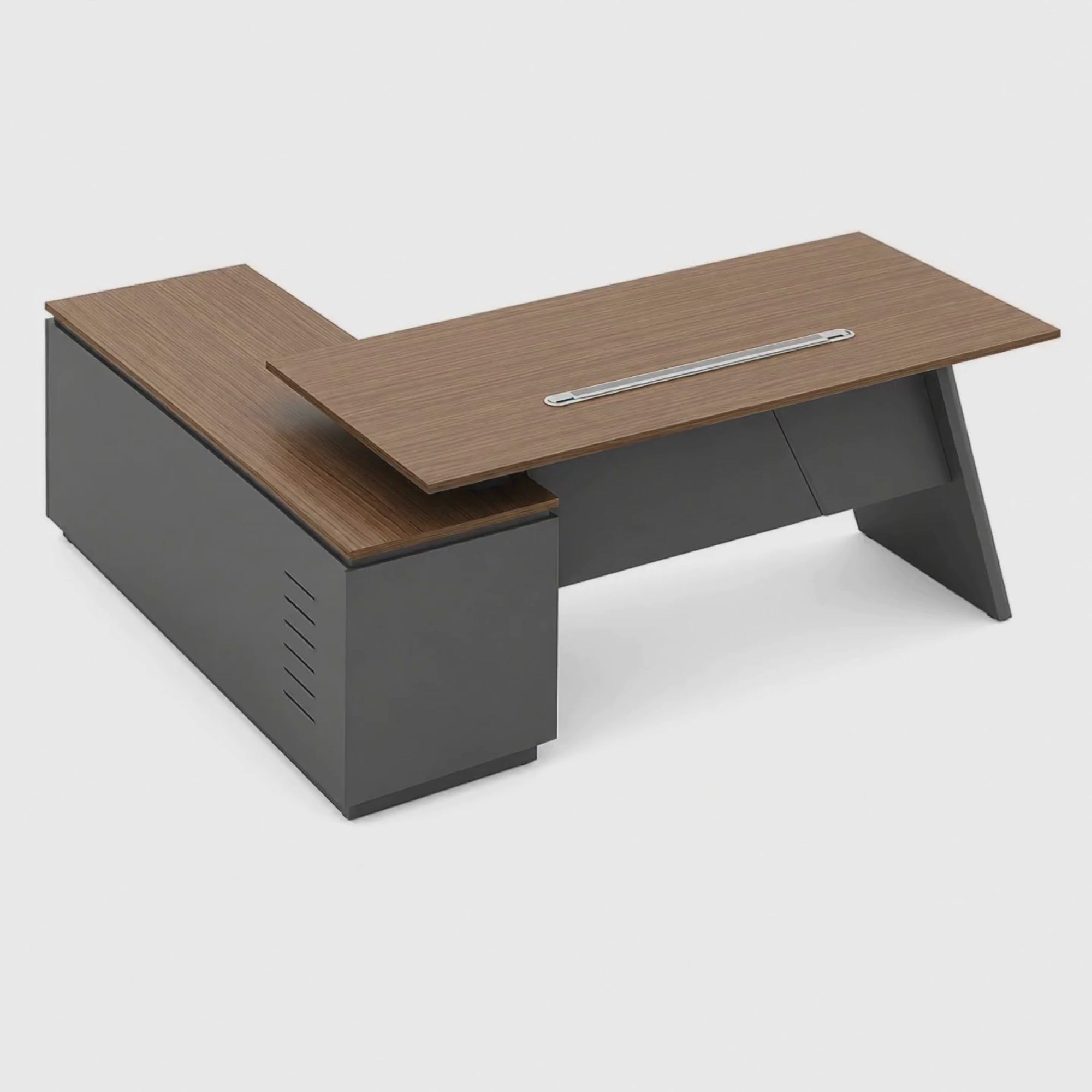 Load video: Modern L-Shape Director Office Table with Integrated Side Storage, Premium Walnut Wood Top &amp; Graphite Finish, Executive Desk