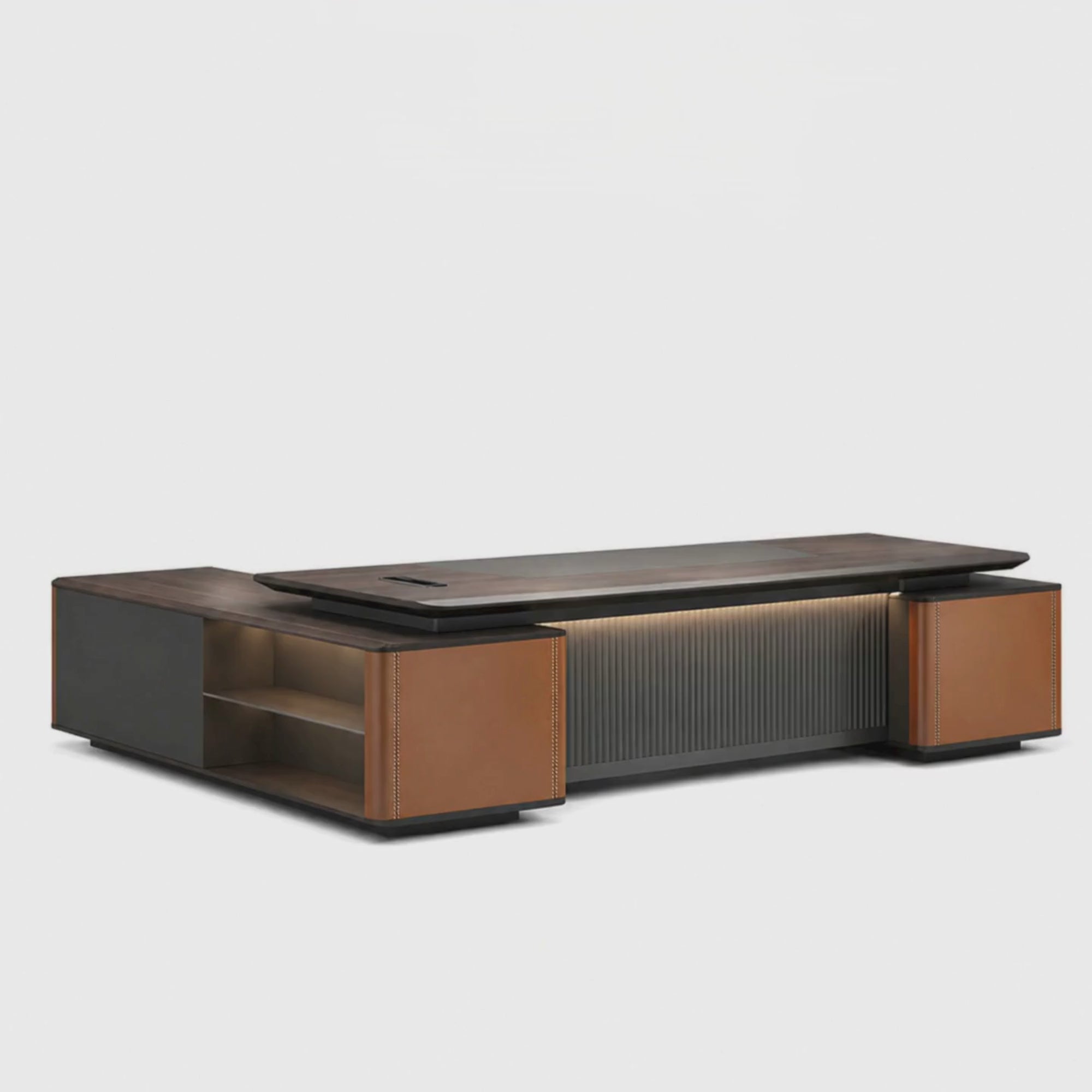 Load video: Luxury Executive Director Table with Integrated Storage, Ribbed Front Panel, LED Accent Lighting and Premium Wood Finish
