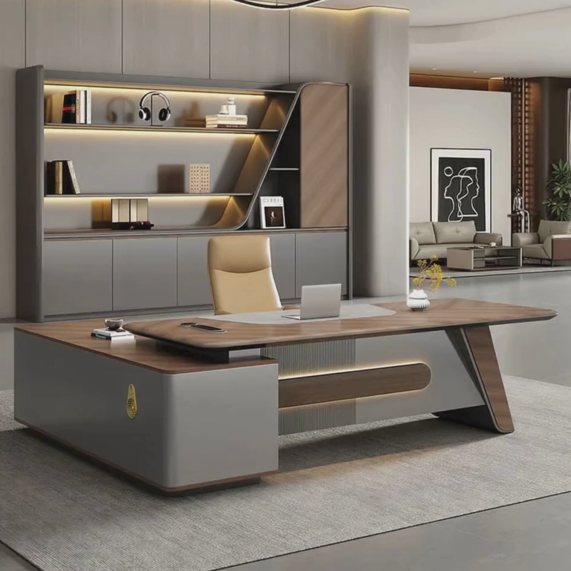 Load video: Luxury Director Table with Curved Wooden Top, Integrated LED Accent Panel, Matte Grey Base &amp; Premium Modern Executive Office Furniture