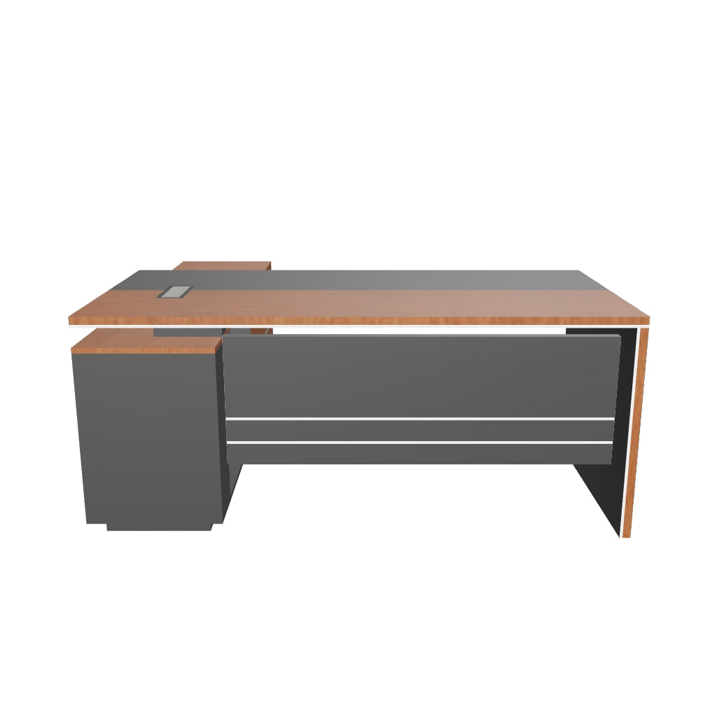 Director & Executive L-Shape Office Table Luxury with Side Runner, Drawer and Storage - Wire Manager - Brown