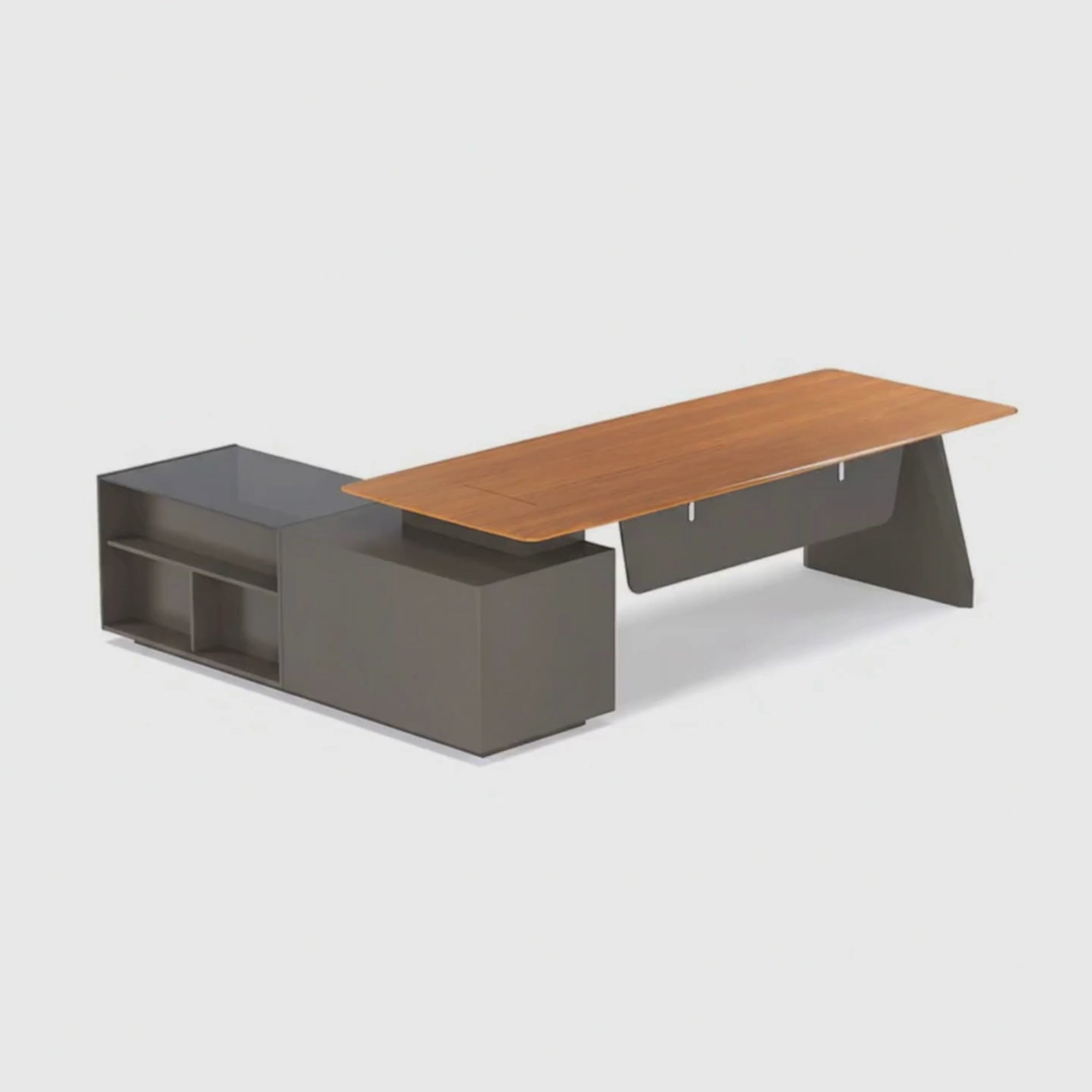 Load video: Luxury Modern L-Shape Director Table for Executive Office with Premium Wooden Top with Integrated Side Storage Unit &amp; Contemporary Design