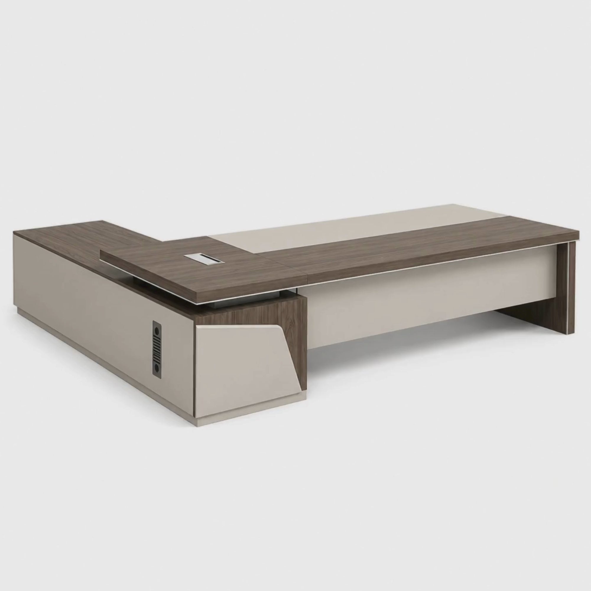 Load video: Director &amp; Executive L-Shape Office Table Luxury Desk Made in MDF with Side Unit Locking Drawer and Storage Wire Manager &amp; CPU Storage