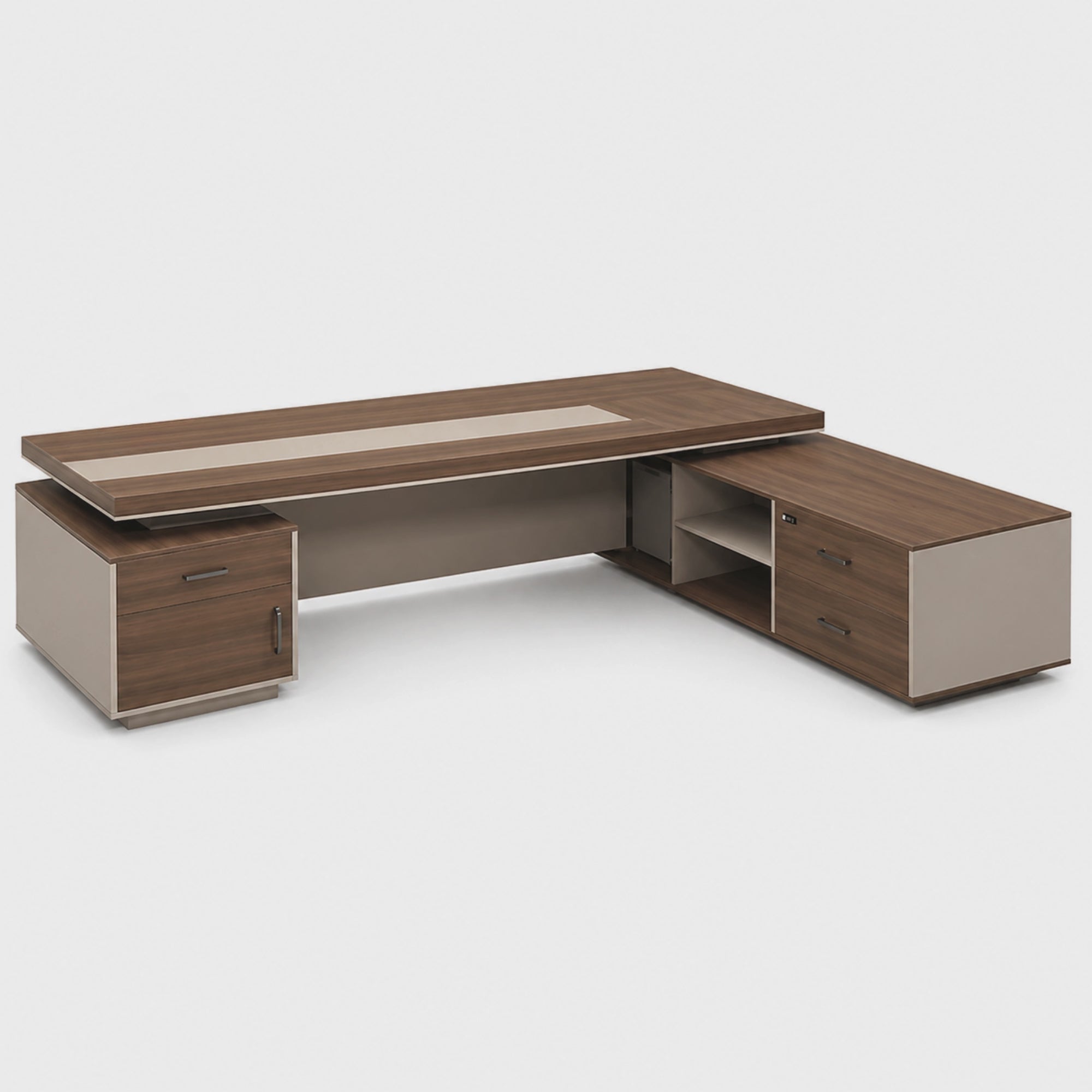 Load video: Modern Executive Director Table with Integrated Storage Units, Light Wood &amp; Beige Finish, Premium Quality for Office