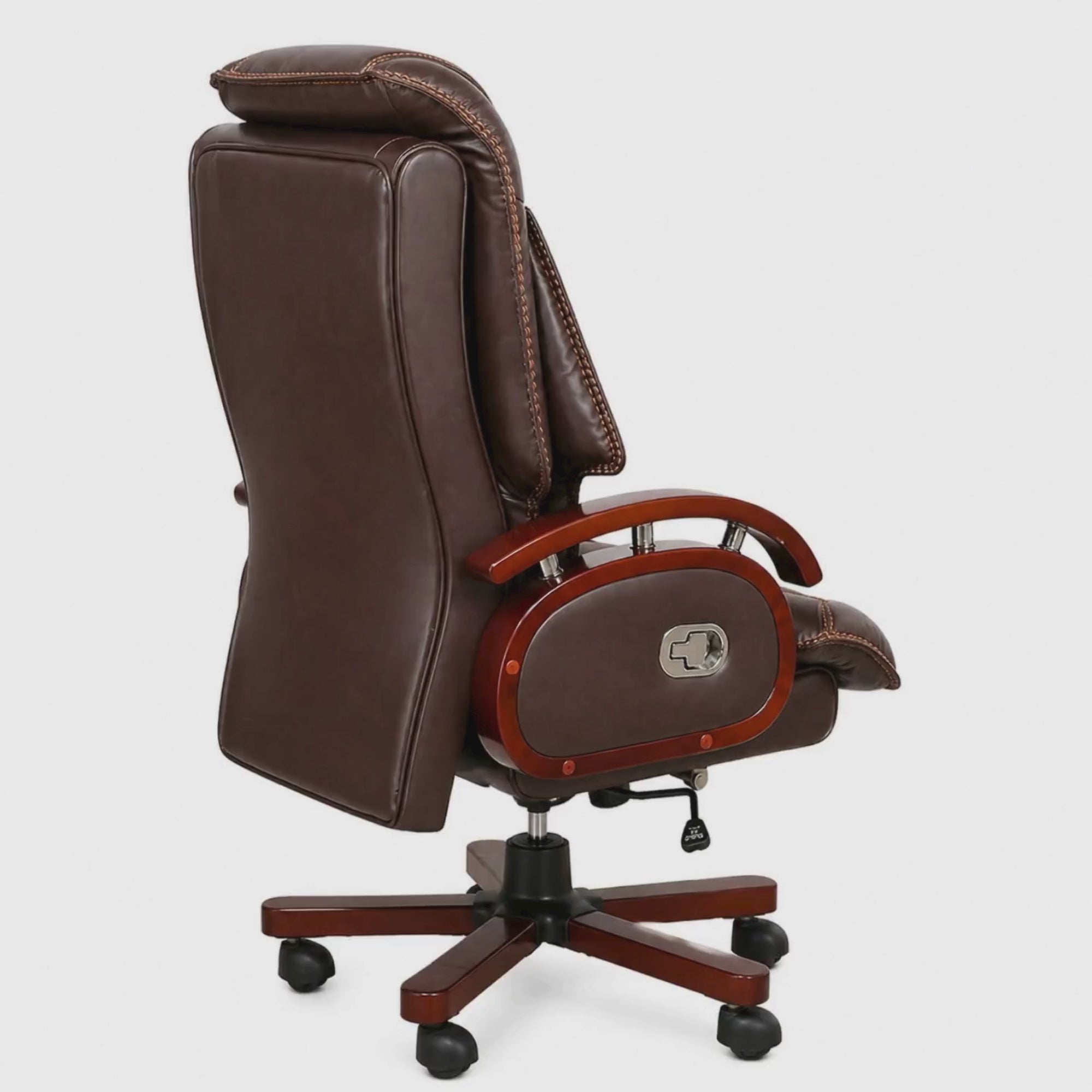 Load video: High Back Leatherette and Pure Leather Wooden Director Office Chair with Wooden Base and Handle, Wooden chair