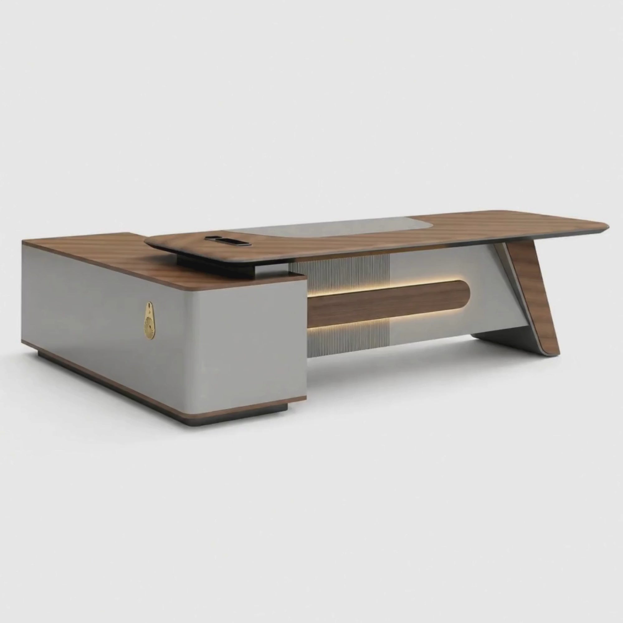Load video: Luxury Director Table with Curved Wooden Top, Integrated LED Accent Panel, Matte Grey Base &amp; Premium Modern Executive Office Furniture