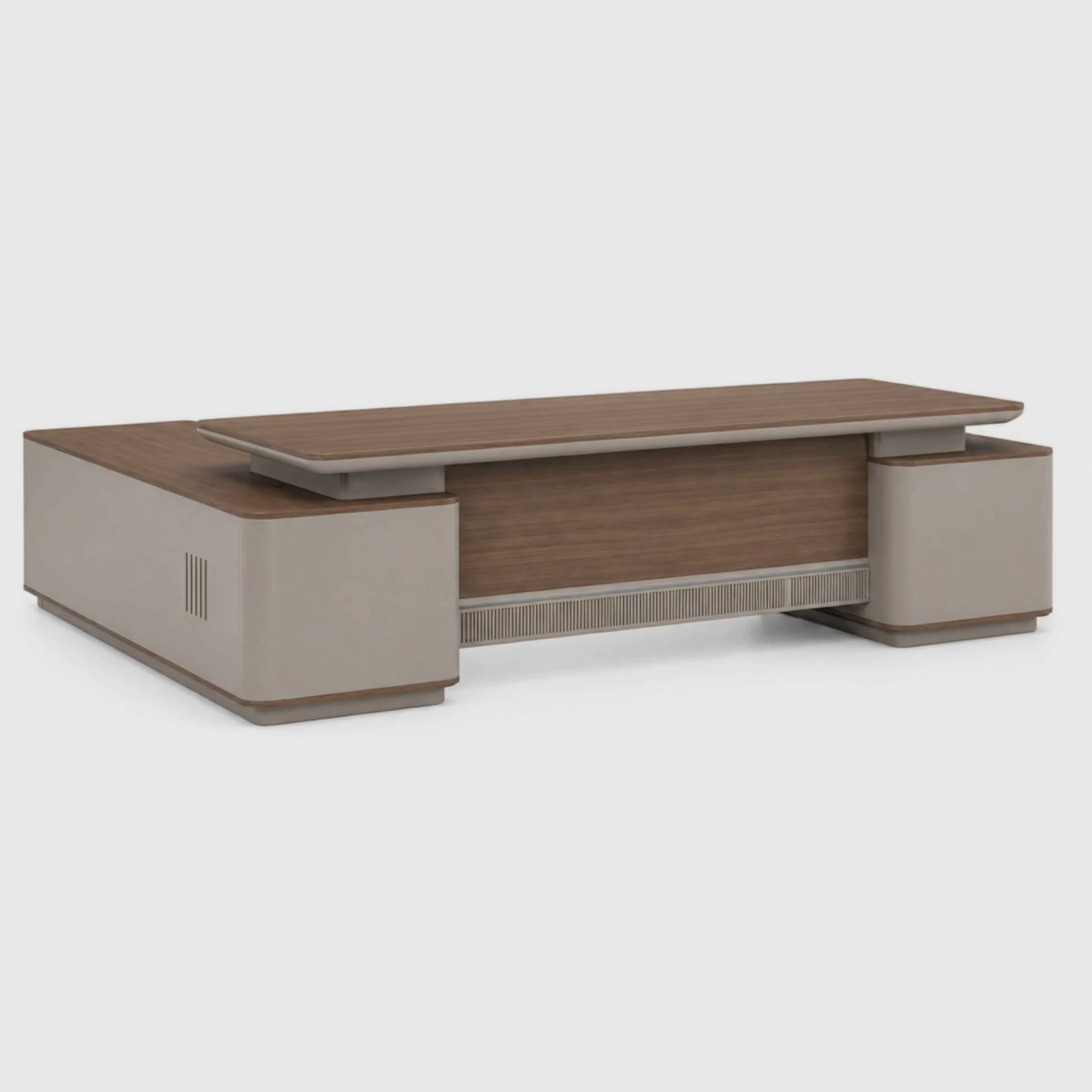 Load video: Luxury L-Shape Director Office Table with Premium Wood &amp; Beige Finish, Executive Manager Desk for Corporate Office