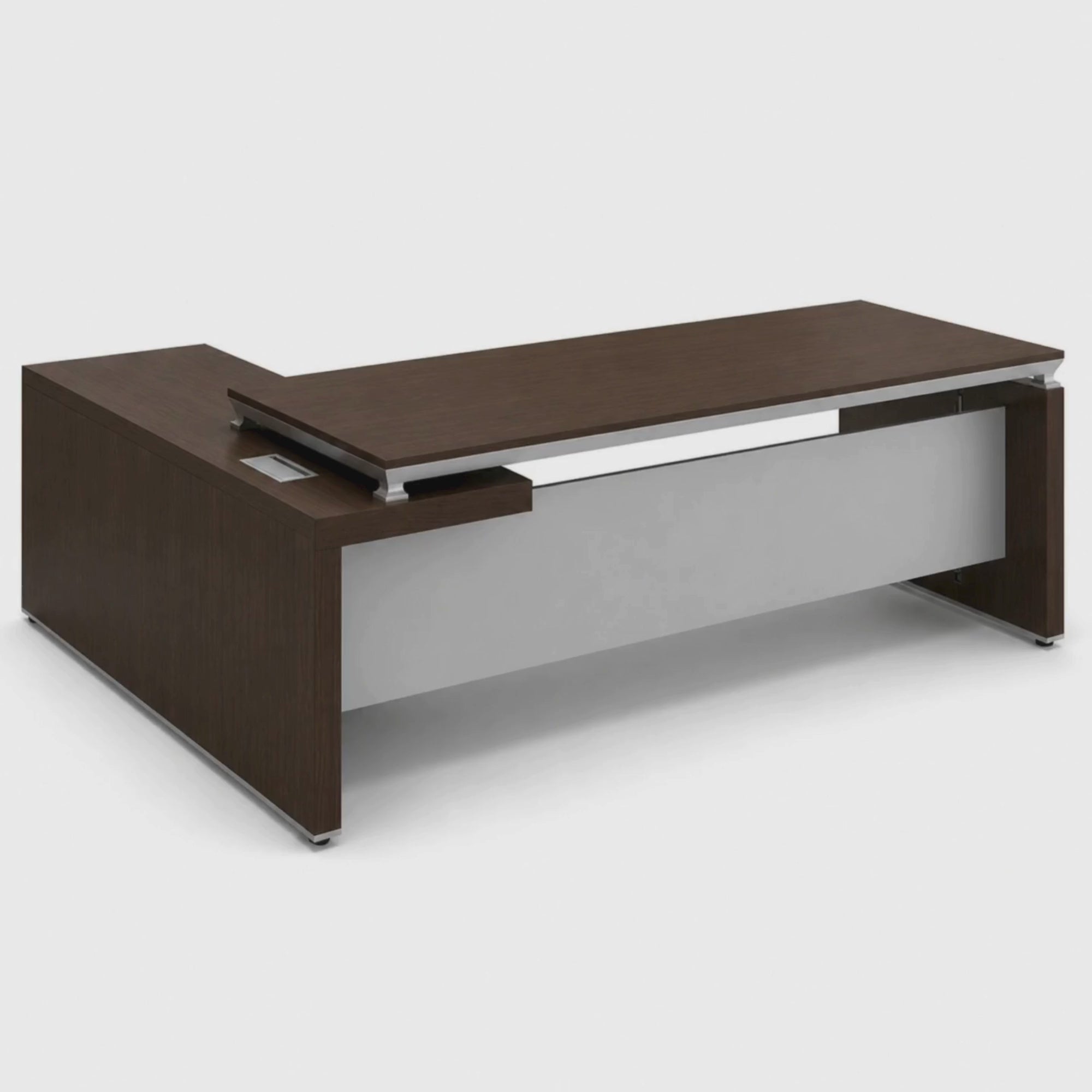 Load video: Director L-Shape Table Luxury Modern Office Desk Made in Plywood with Aluminum Frame &amp; Integrated Wire Manager and Pedestal - Wenge Brown