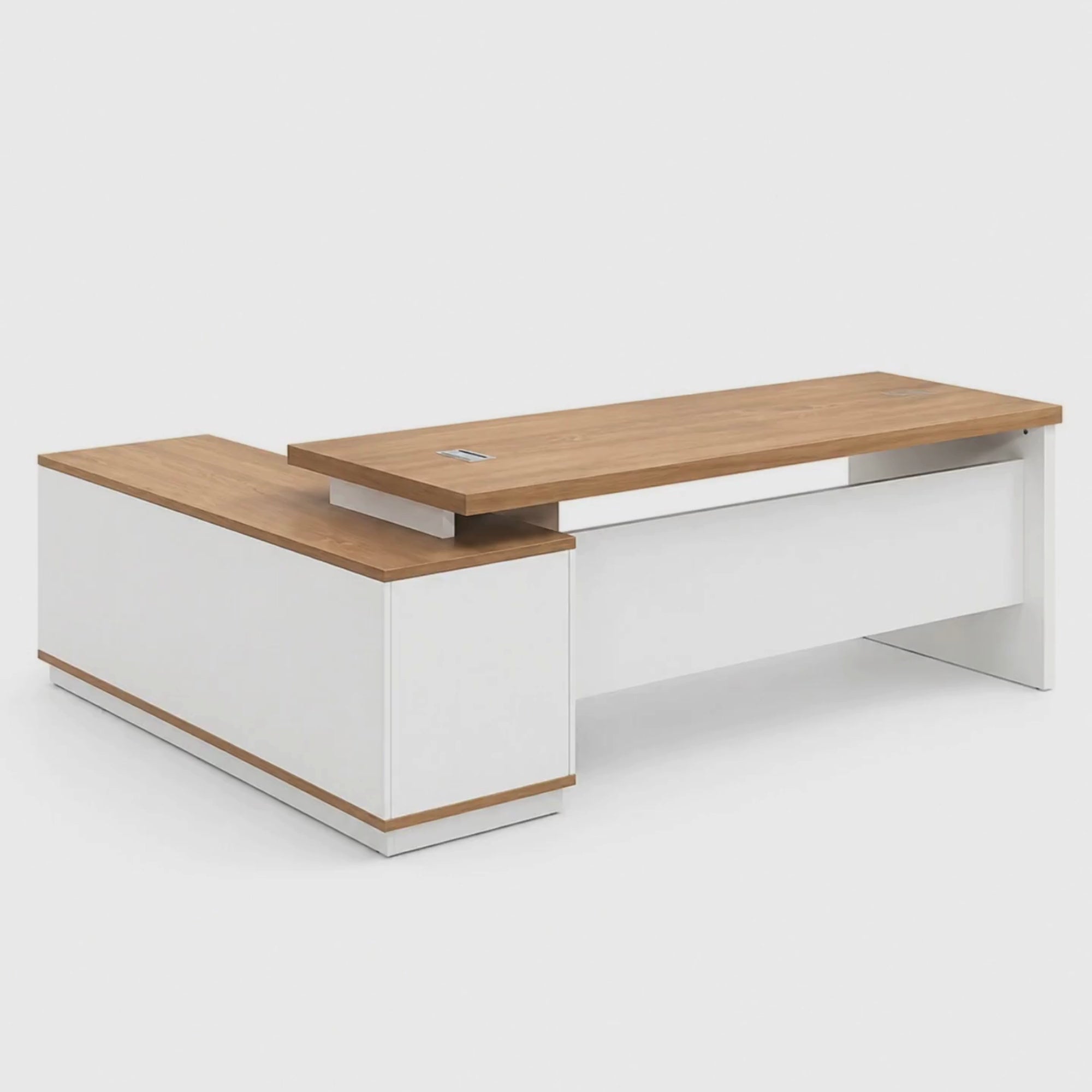 Load video: Director Table Dual Color in Pre &amp; Post Laminated Particle/Plywood Board with 3 Drawers and Open Space.