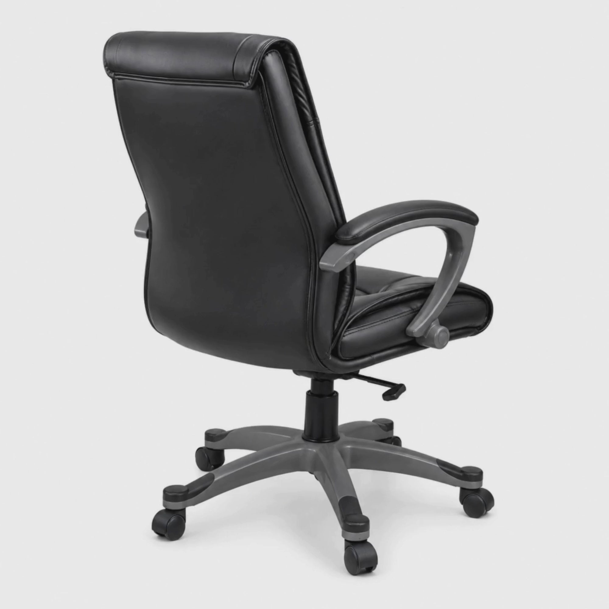 Load video: Premium Leatherette Office Chair with Cushioned Seat, Ergonomic Mid Back, Padded Armrests &amp; Smooth Swivel Base