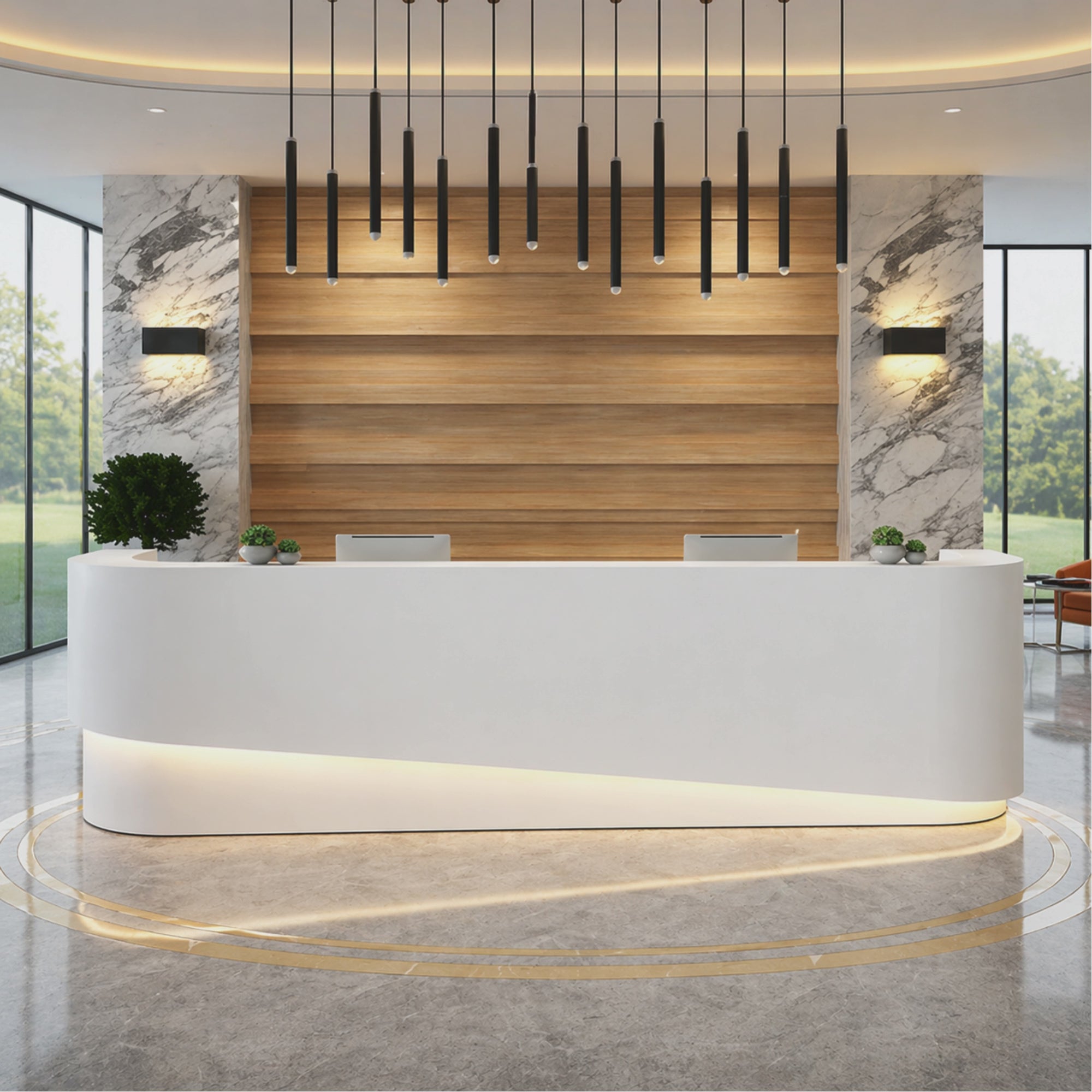 Load video: Reception Table for Office Luxury Modern Counter Stylish Design Made in MDF With LED Light Keyboard Tray and Drawers &amp; 2 Person Seating Cashier Counter Table