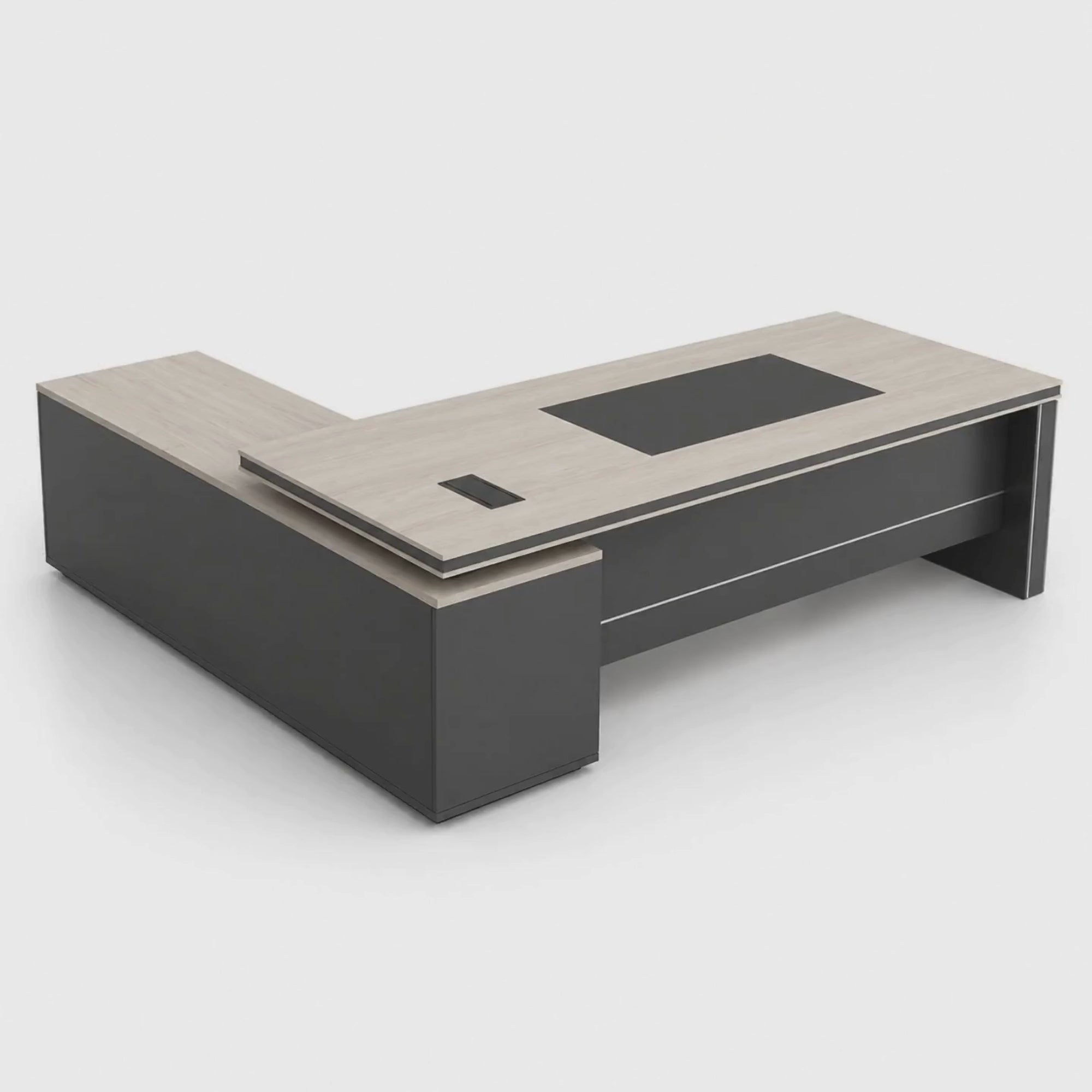 Load video: Luxury Modern L-Shape Director Table with Integrated Side Storage, Light Wood Finish, Open Shelves, Soft-Edge Panels &amp; Spacious Executive Worktop