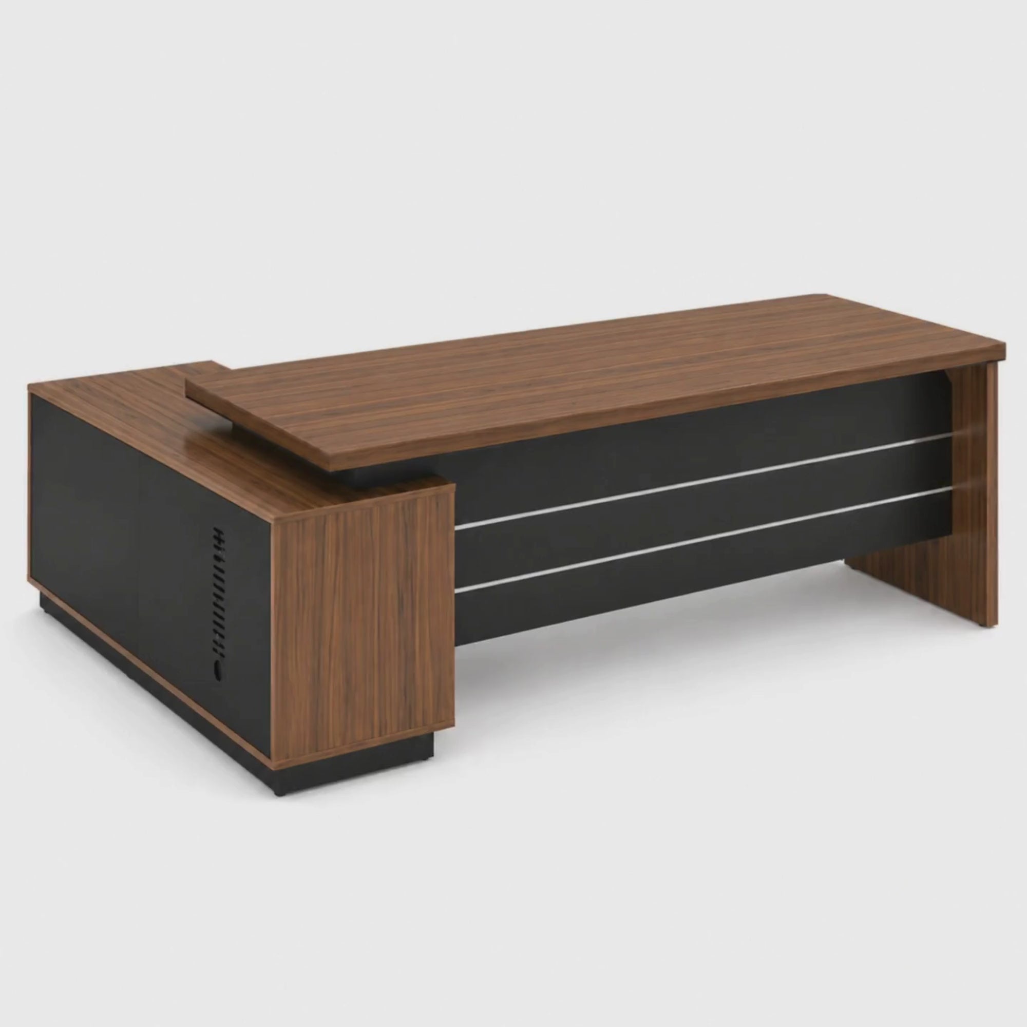 Load video: Director and Executive L Shape Office Table Made of Particle Board with Side Unite and Multi-Drawers and Openable Shutter