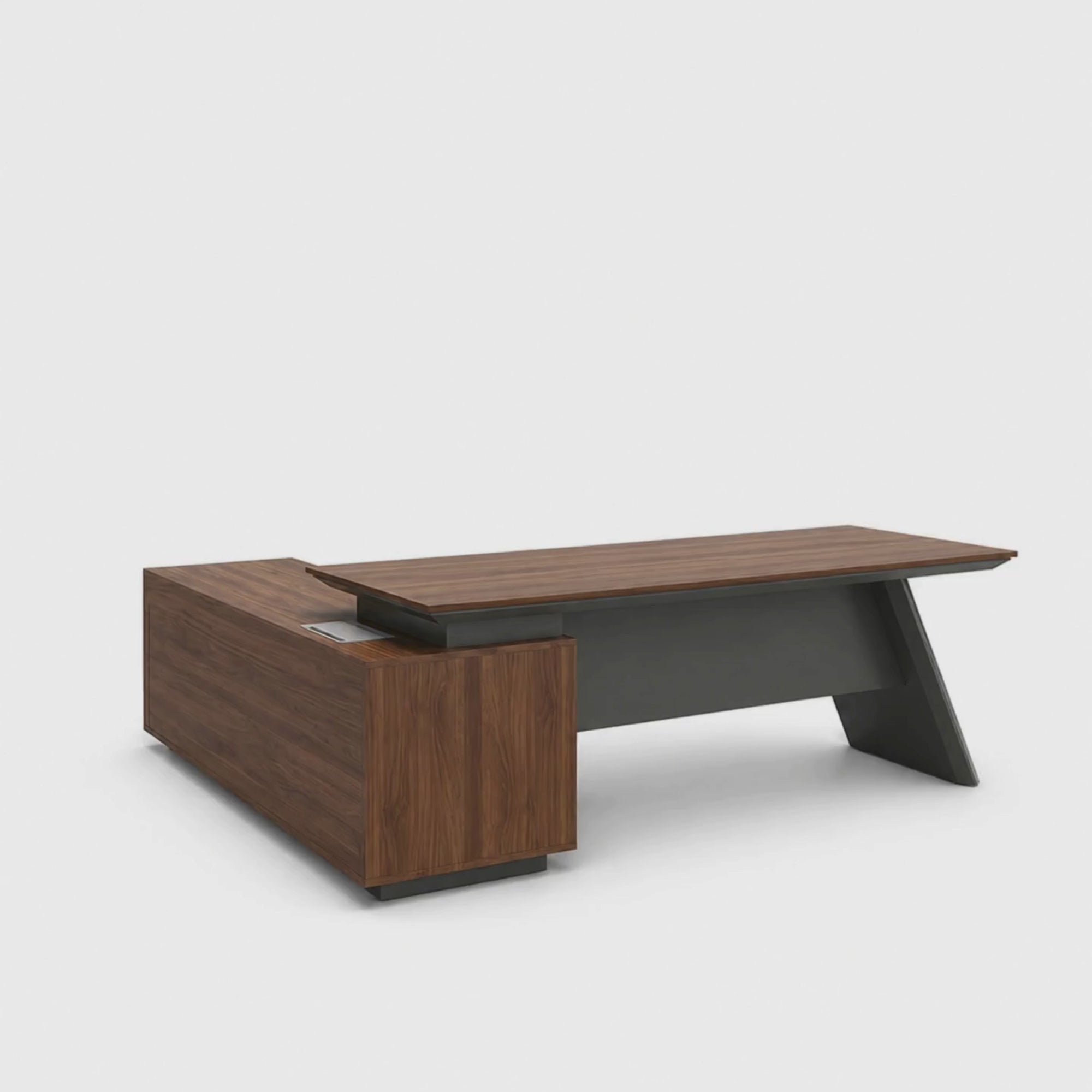 Load video: Premium L-Shape Director Table For Office Furniture with Integrated Drawers and Unique Modern Design Table