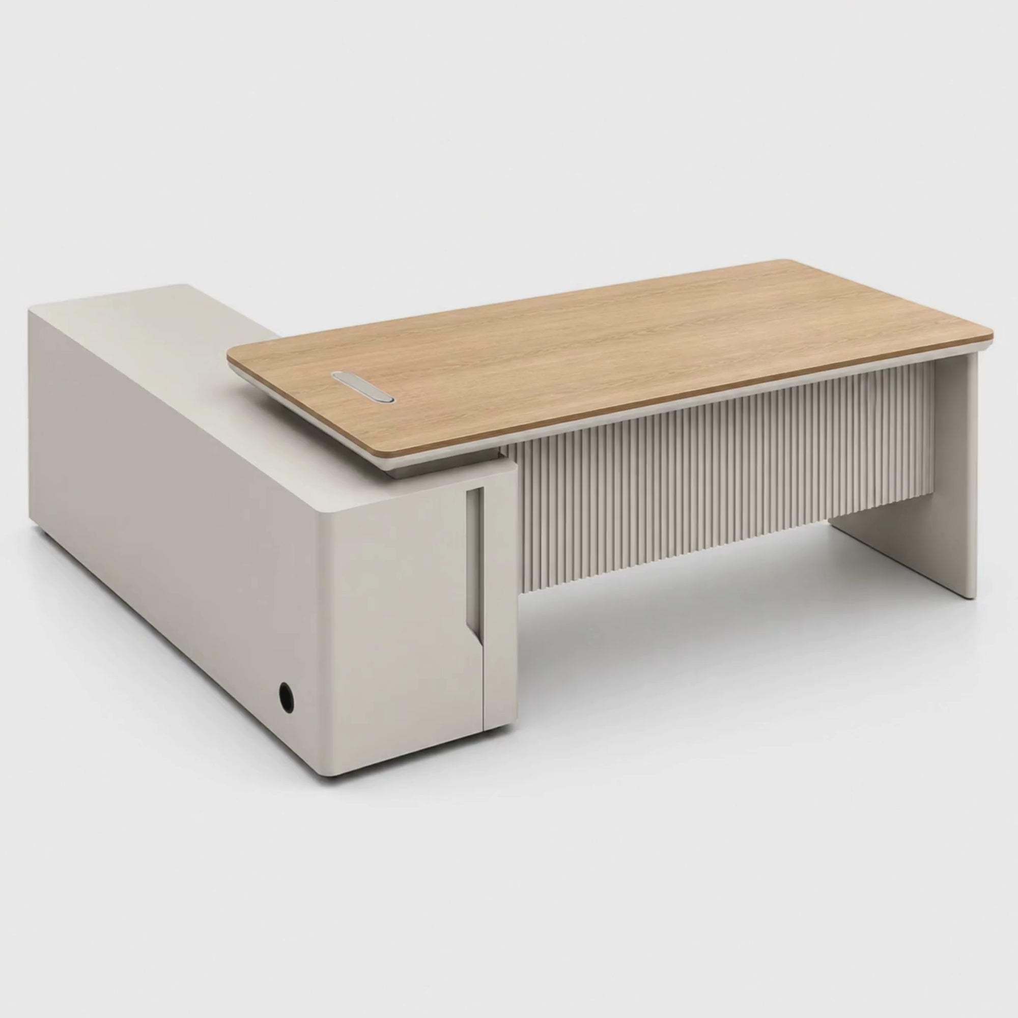 Load video: Director L-Shape Office Table Luxury Design and side Unit with Side unit, Wire Management, and  Golden Sandal Wood &amp; Seagull Gray