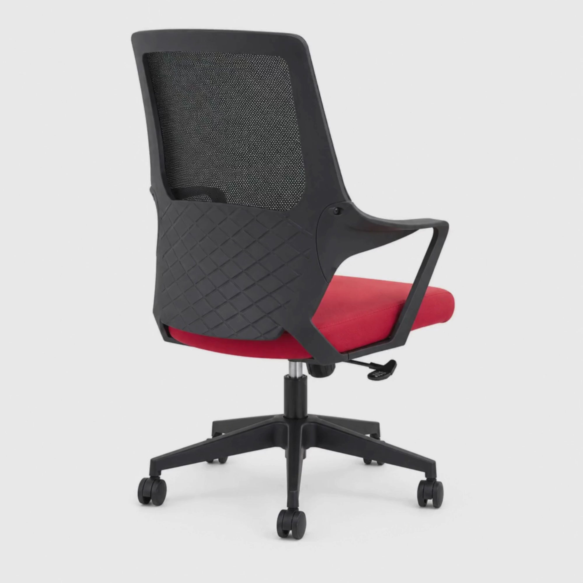Load video: Executive Ergonomic Mid Back Mesh Office Chair with Breathable Back, Cushioned Red Seat, Fixed Armrests and Smooth Rolling Base