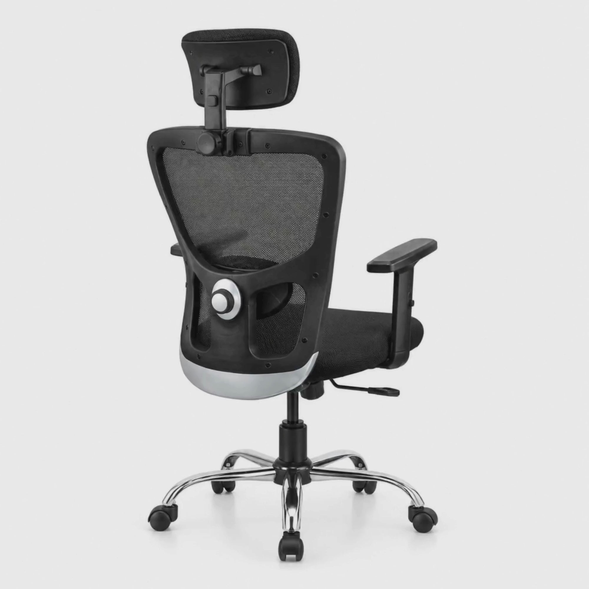 Load video: Executive High Back Ergonomic Mesh Office Chair with Adjustable Headrest, Fabric Seat, Lumbar Support, Tilt Mechanism &amp; Chrome Base for Office