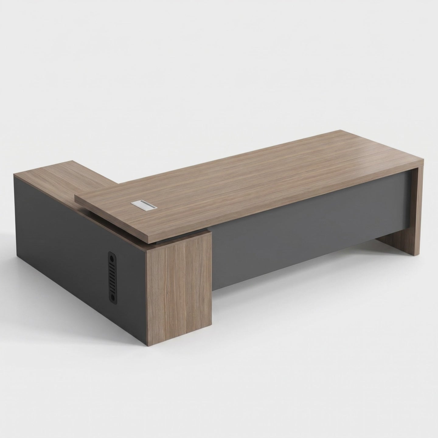 Load video: Modern Director Office Table with Wooden Finish, Panel Base Design &amp; Integrated Storage – Premium Executive Desk for Corporate